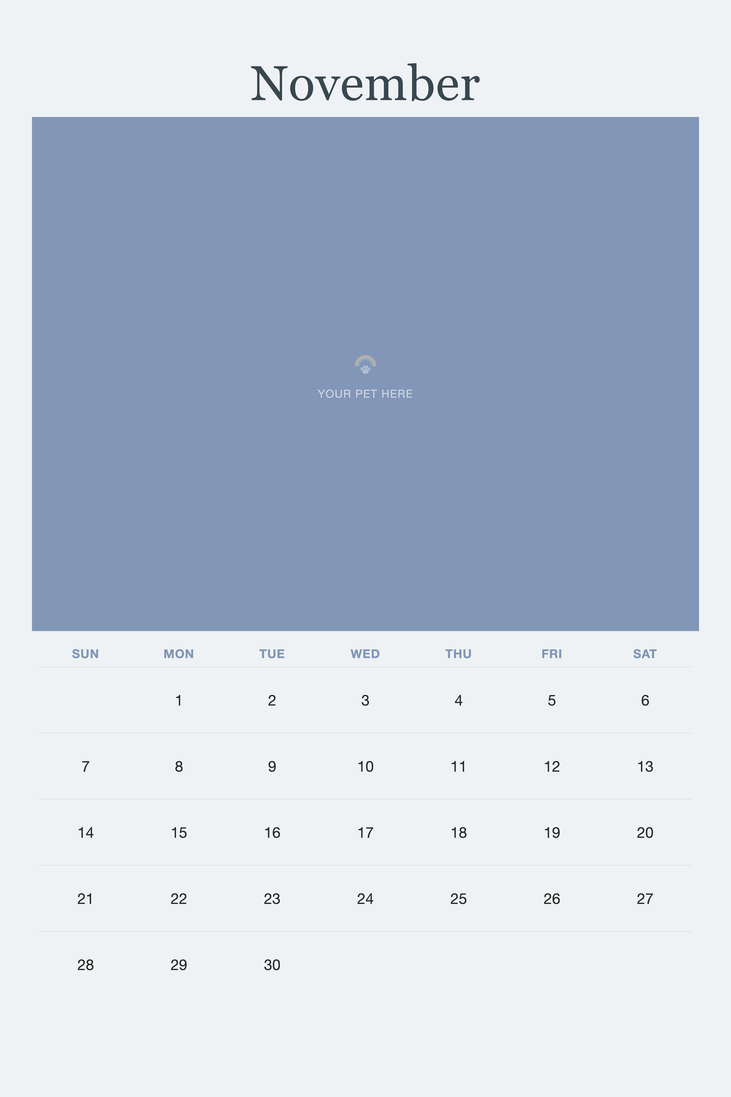 November page of the Pet Memorial Calendar 2027 — In Loving Memory, with a photo area above the date grid