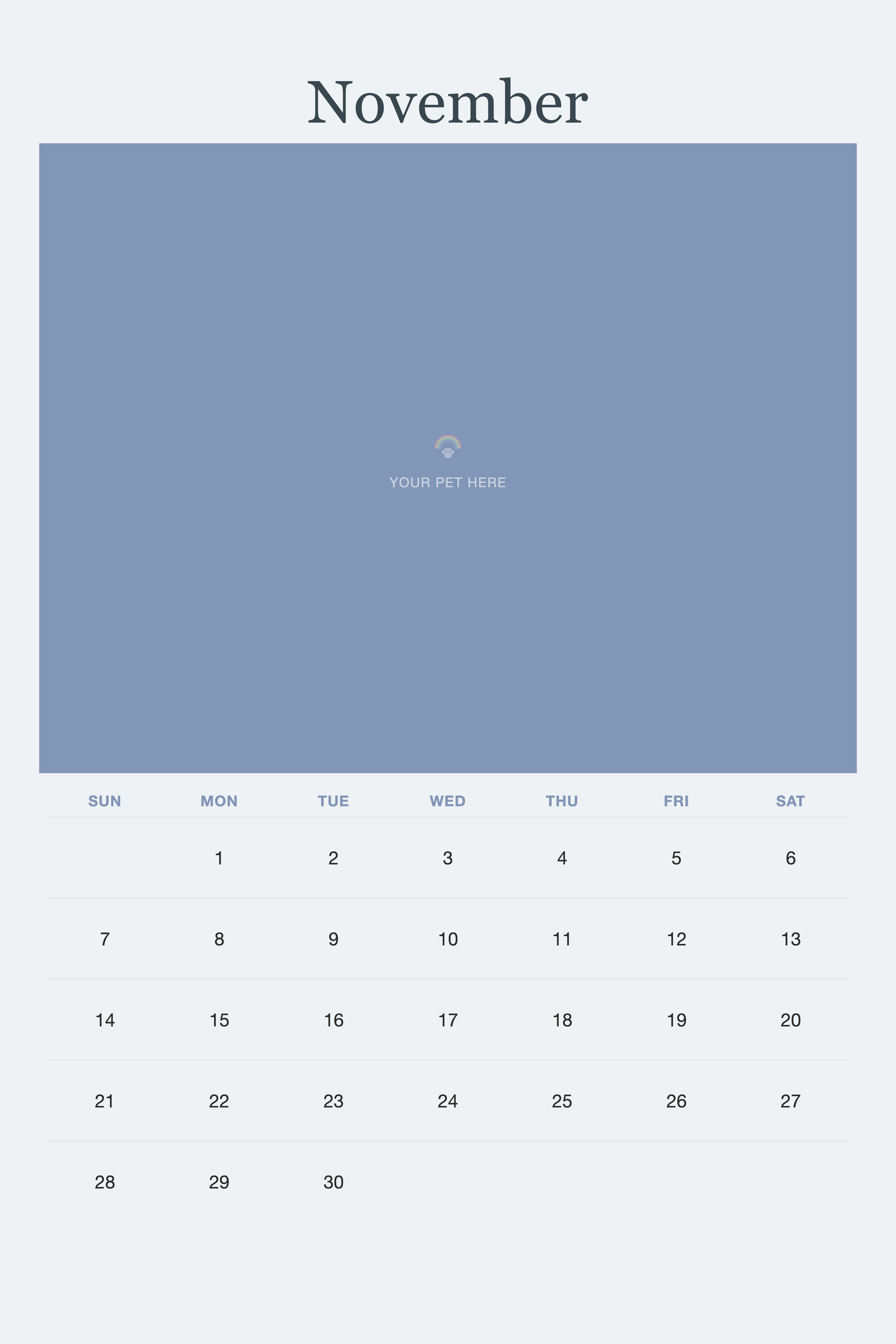 November page of the Pet Memorial Calendar 2027 — In Loving Memory, with a photo area above the date grid