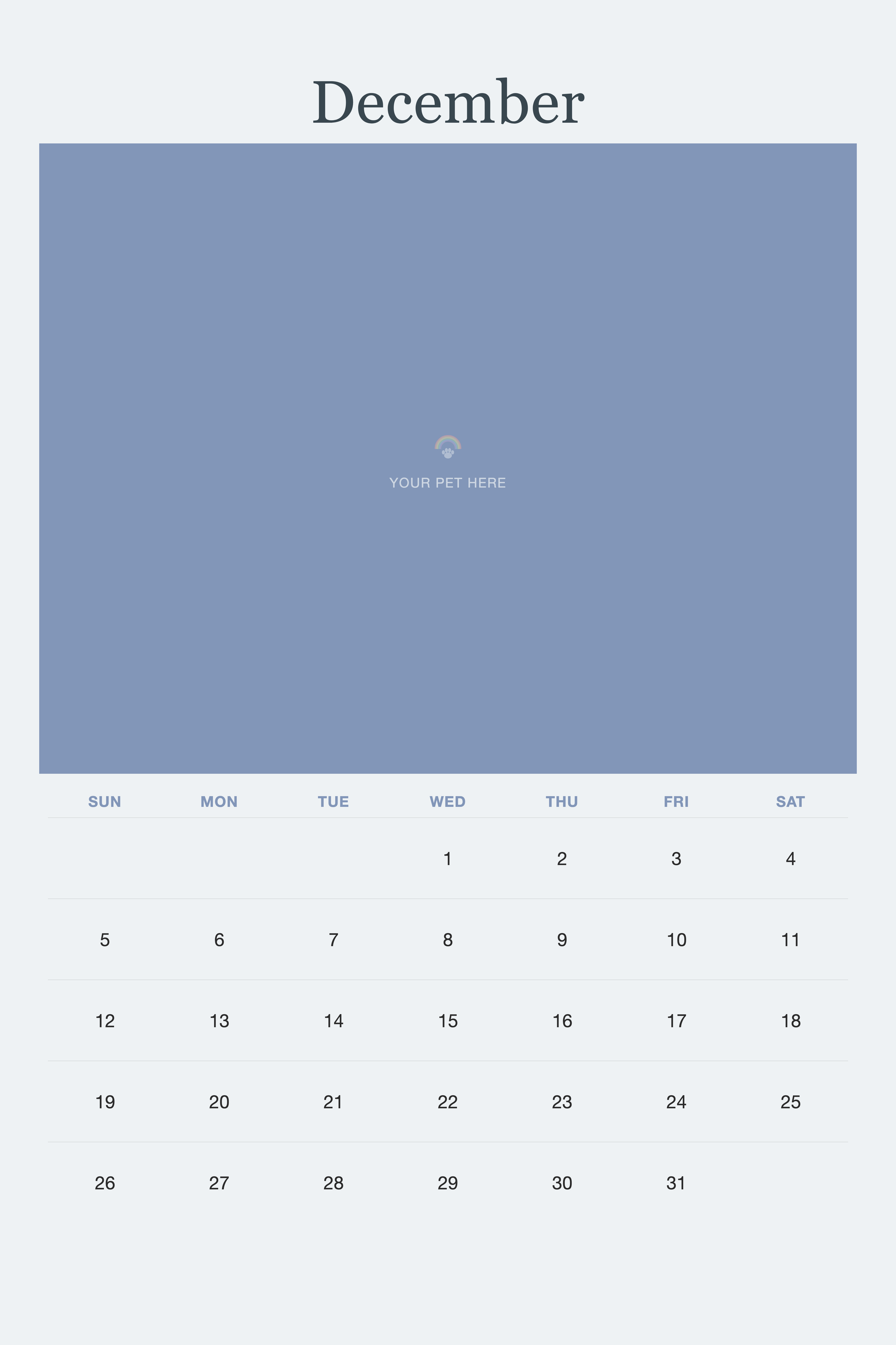 December page of the Pet Memorial Calendar 2027 — In Loving Memory, with a photo area above the date grid