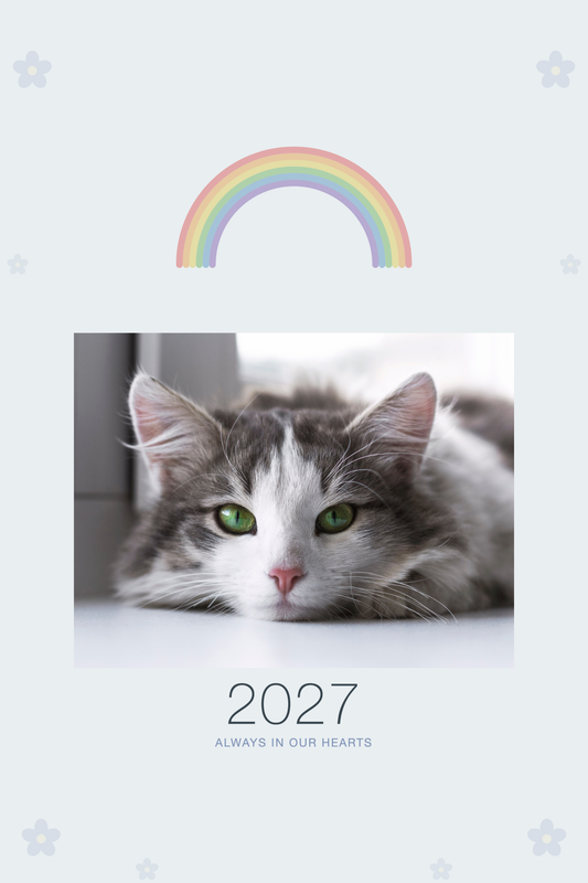 Pet Memorial Calendar 2027: In Loving Memory, shown with a sample pet photo on the cover