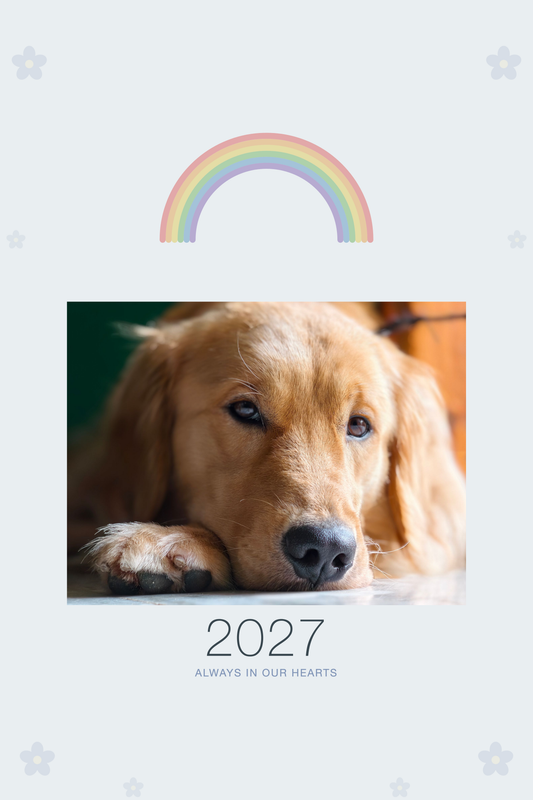 Pet Memorial Calendar 2027 — In Loving Memory shown with a sample pet photo on the cover