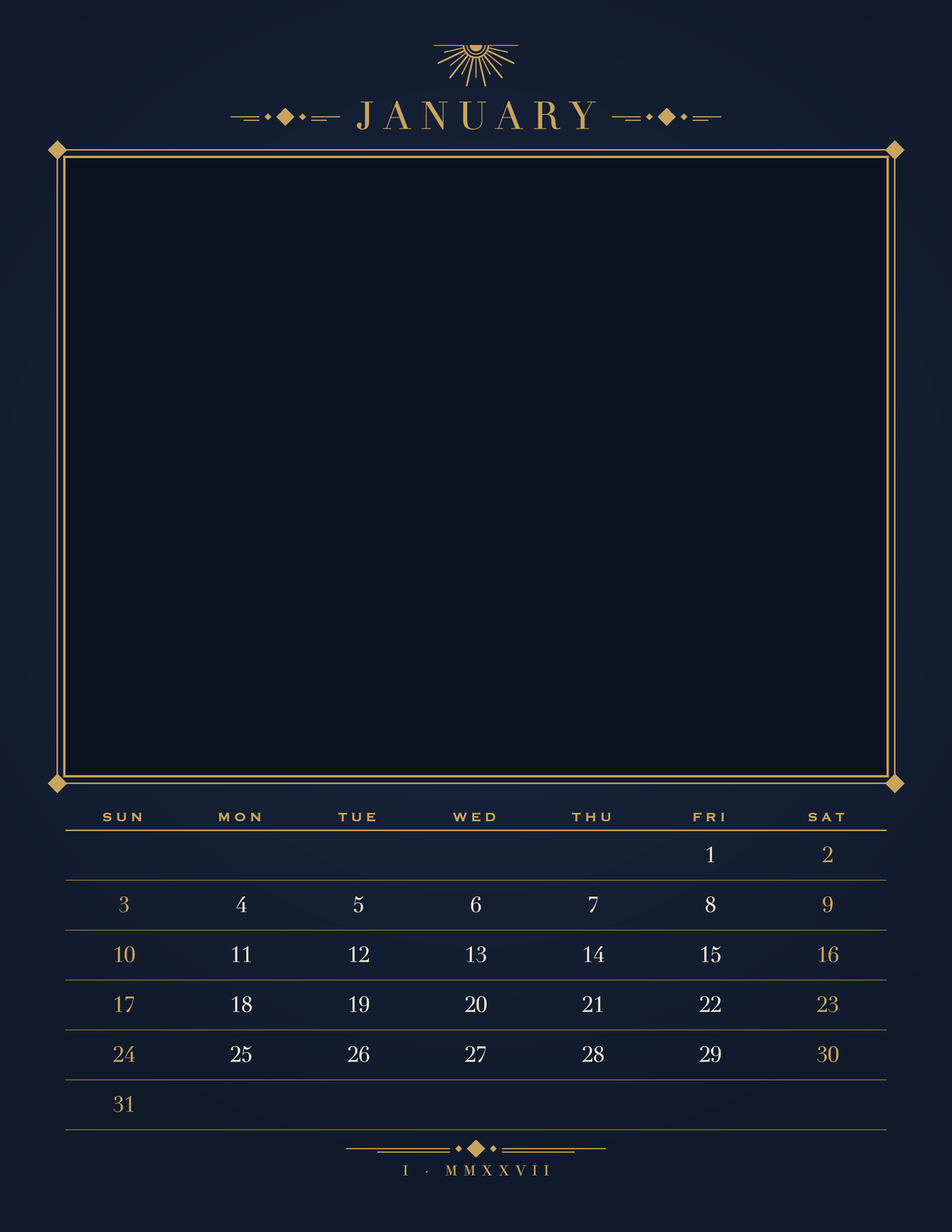 January page of the Personalized Pet Photo Calendar 2027: Midnight Art Deco, with a photo area above the date grid
