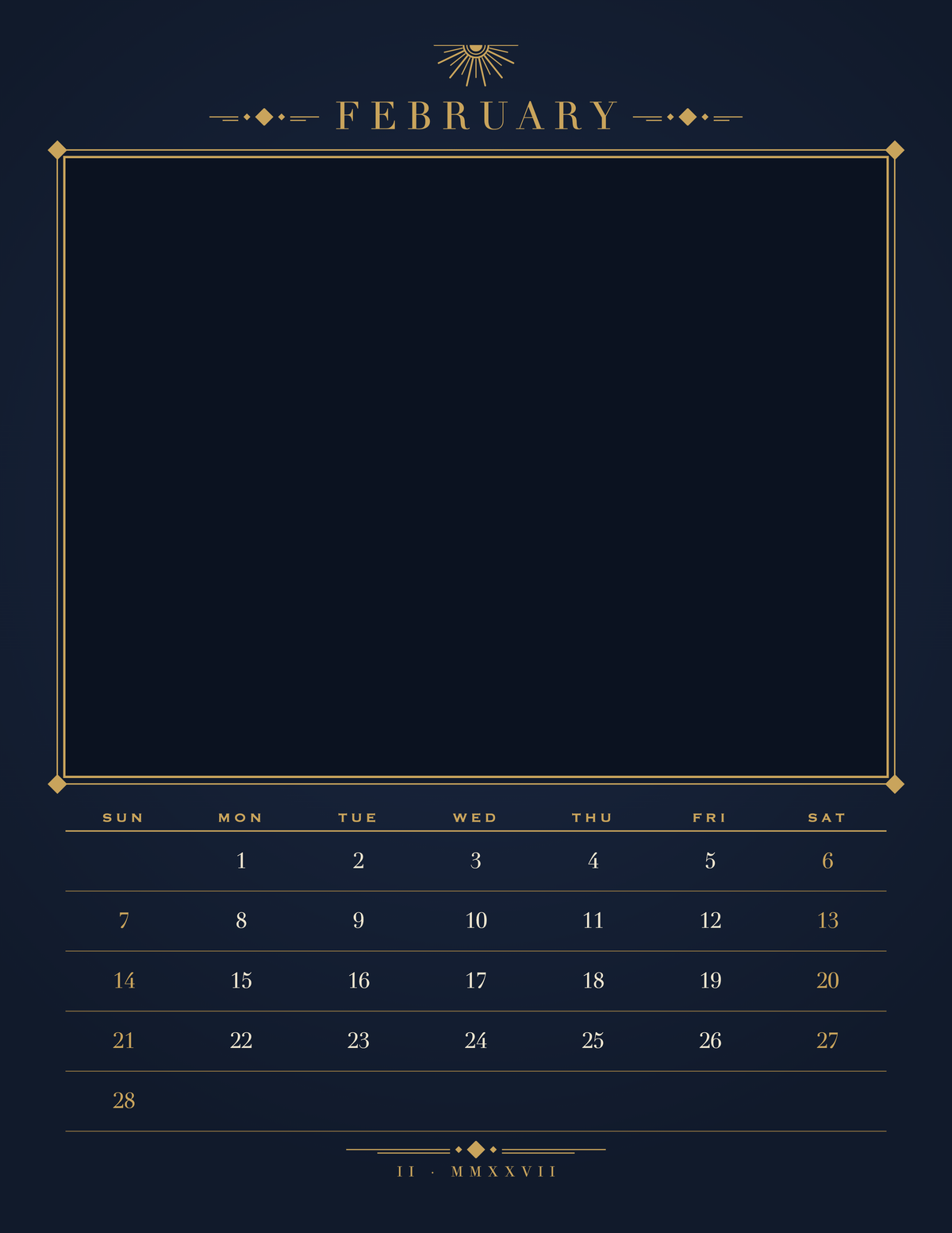 February page of the Personalized Pet Photo Calendar 2027: Midnight Art Deco, with a photo area above the date grid
