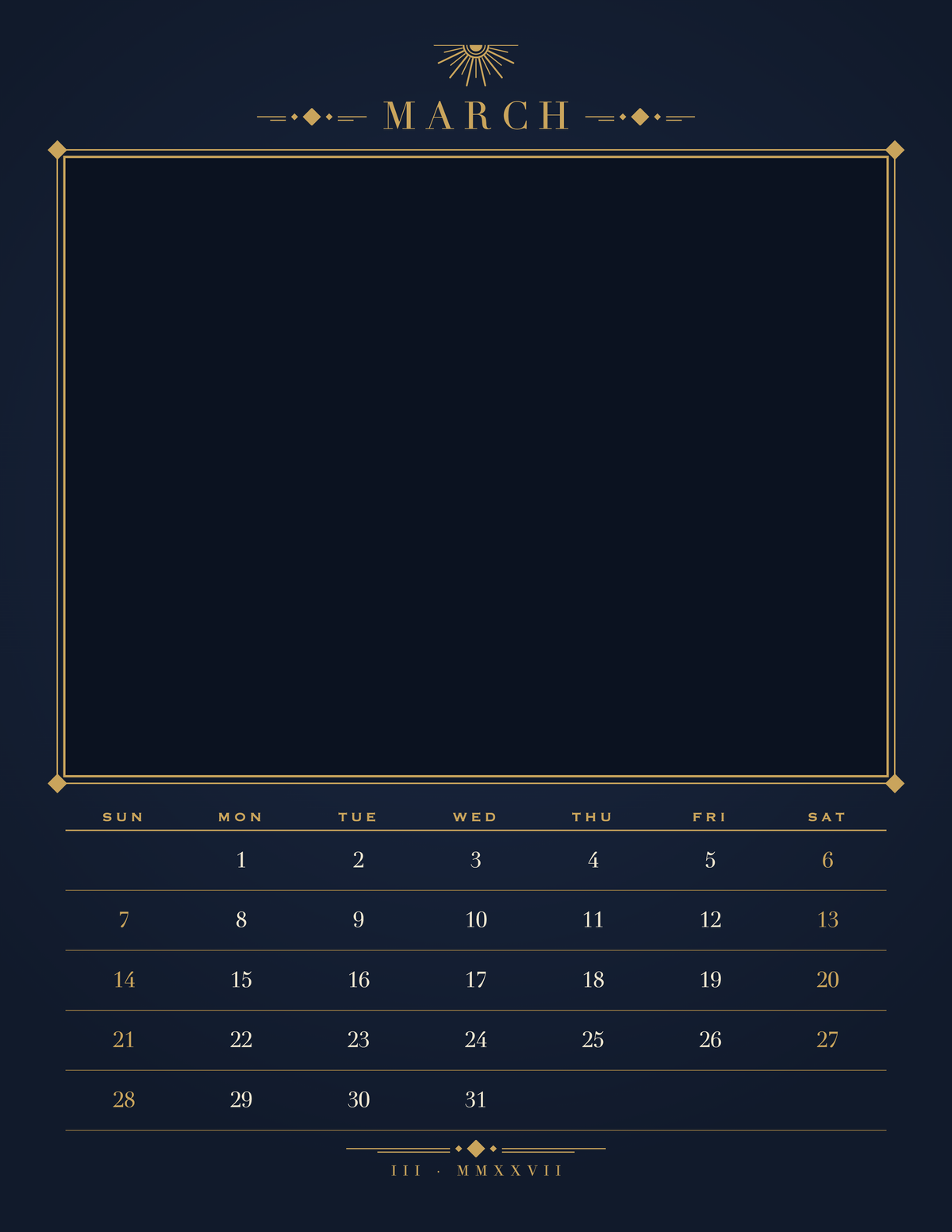 March page of the Personalized Pet Photo Calendar 2027: Midnight Art Deco, with a photo area above the date grid