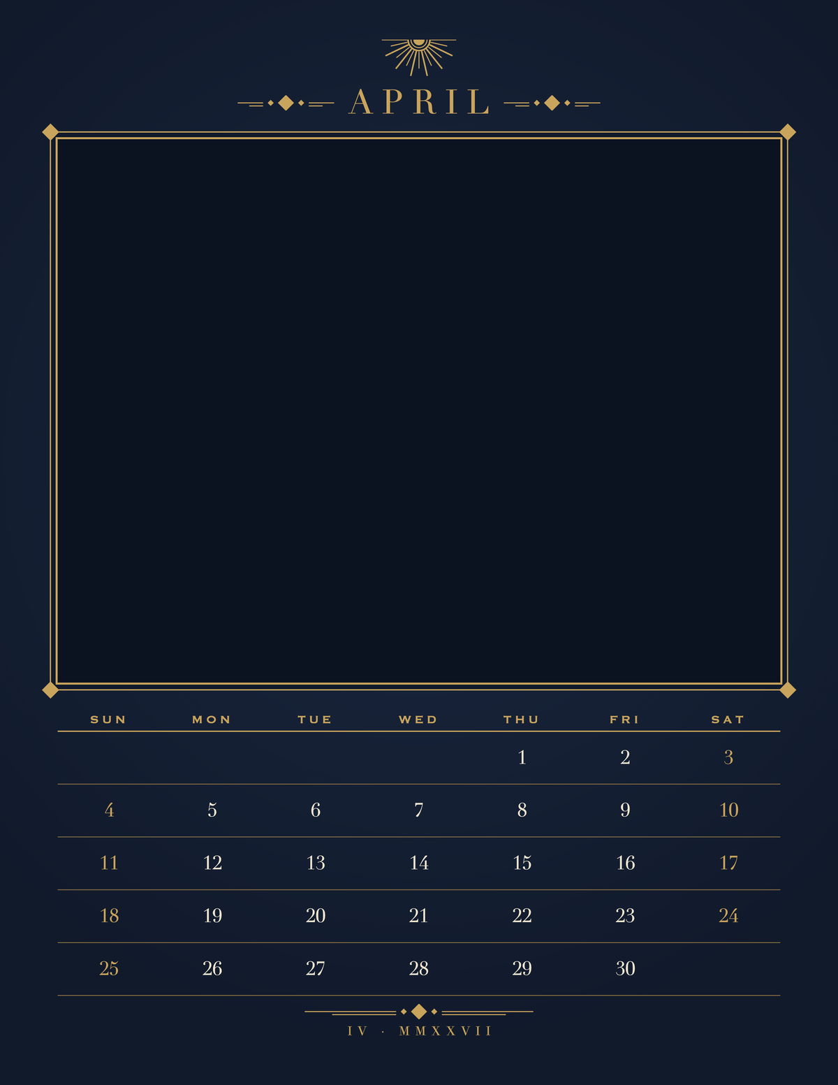 April page of the Personalized Pet Photo Calendar 2027: Midnight Art Deco, with a photo area above the date grid