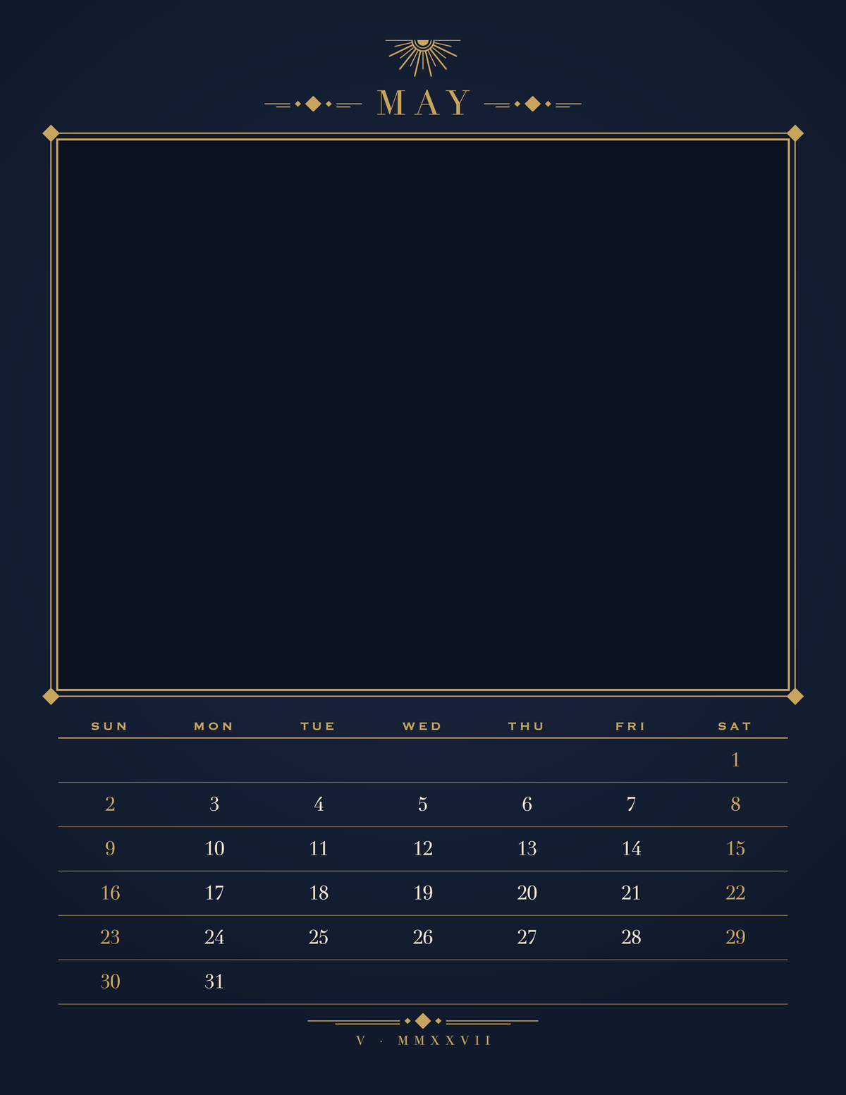 May page of the Personalized Pet Photo Calendar 2027: Midnight Art Deco, with a photo area above the date grid
