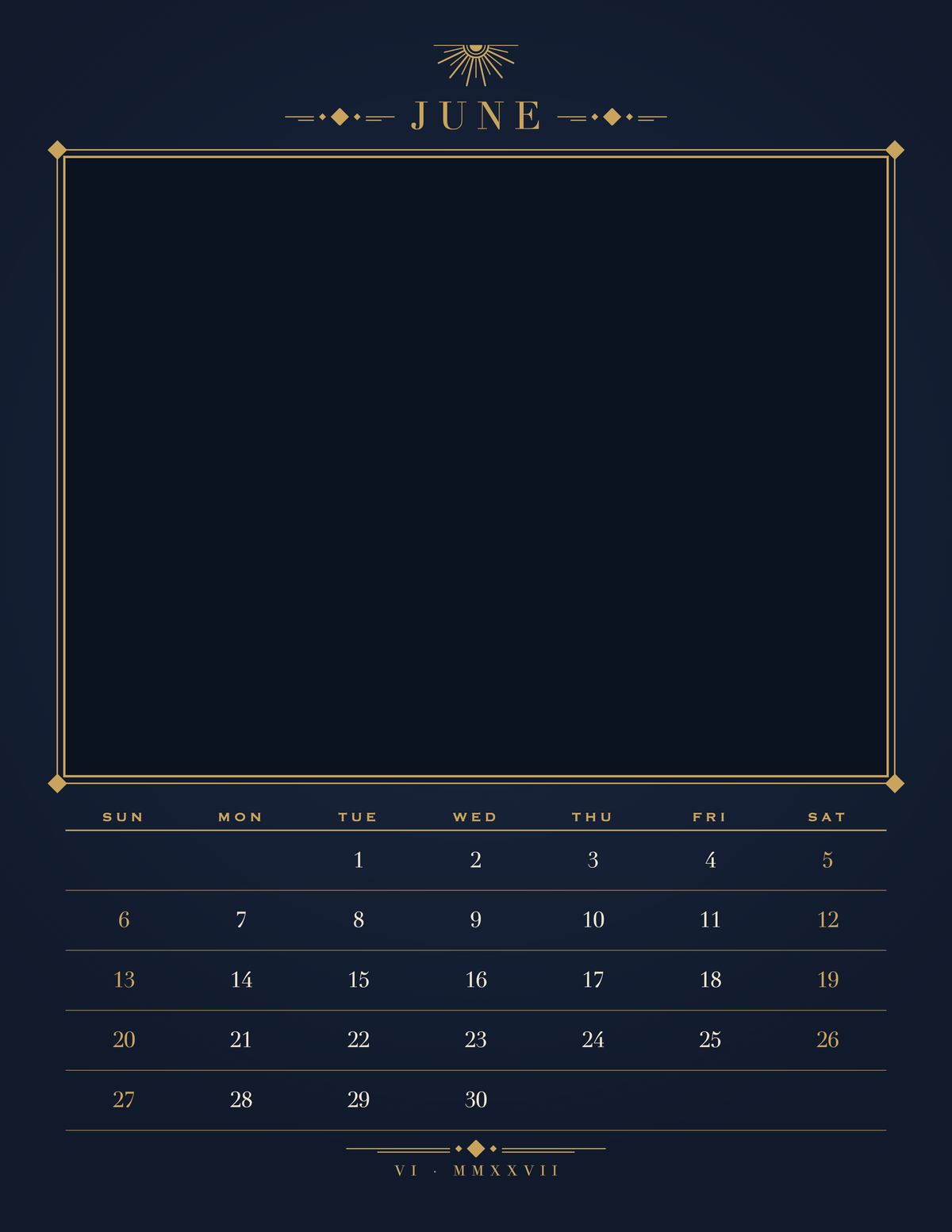 June page of the Personalized Pet Photo Calendar 2027: Midnight Art Deco, with a photo area above the date grid