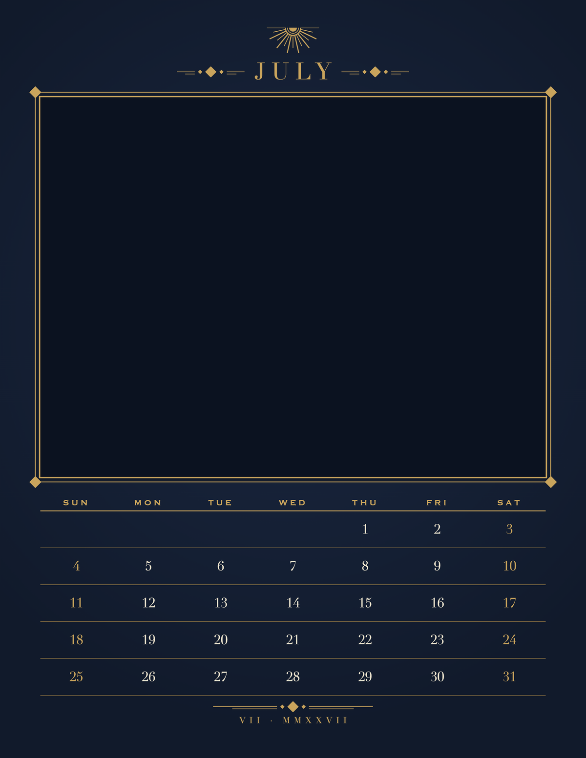 July page of the Personalized Pet Photo Calendar 2027: Midnight Art Deco, with a photo area above the date grid