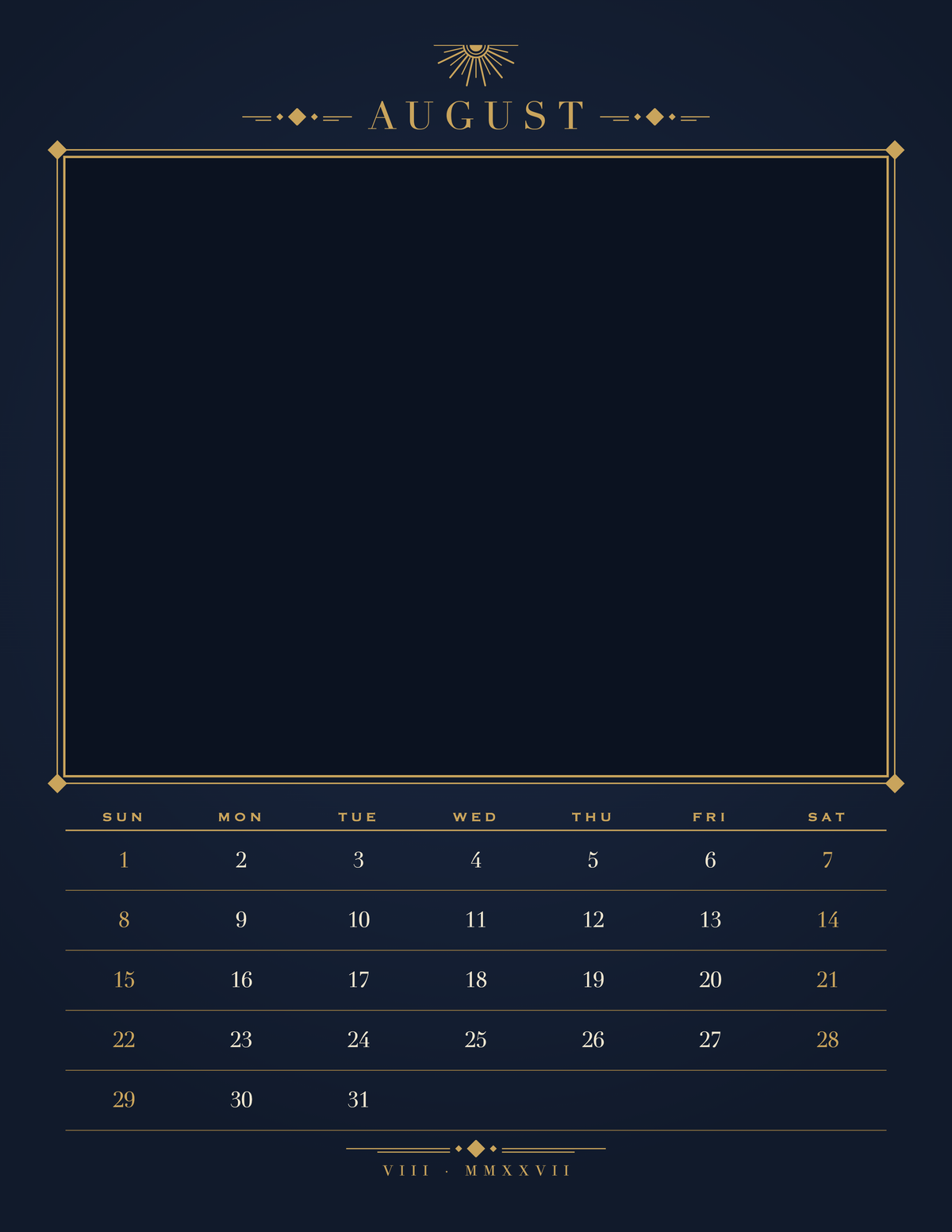 August page of the Personalized Pet Photo Calendar 2027: Midnight Art Deco, with a photo area above the date grid