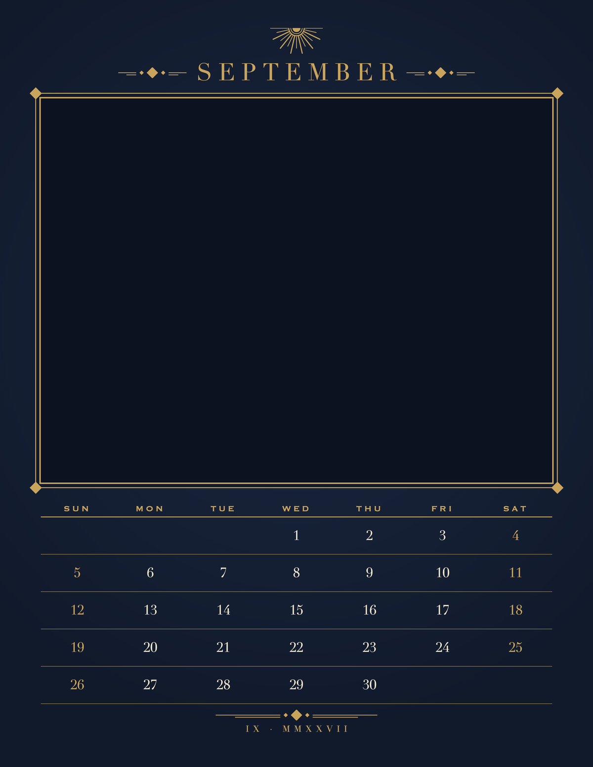 September page of the Personalized Pet Photo Calendar 2027: Midnight Art Deco, with a photo area above the date grid