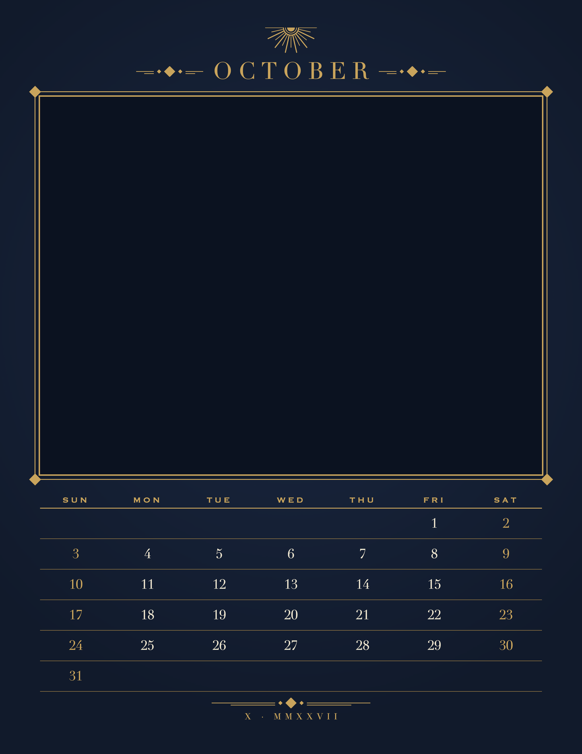 October page of the Personalized Pet Photo Calendar 2027: Midnight Art Deco, with a photo area above the date grid