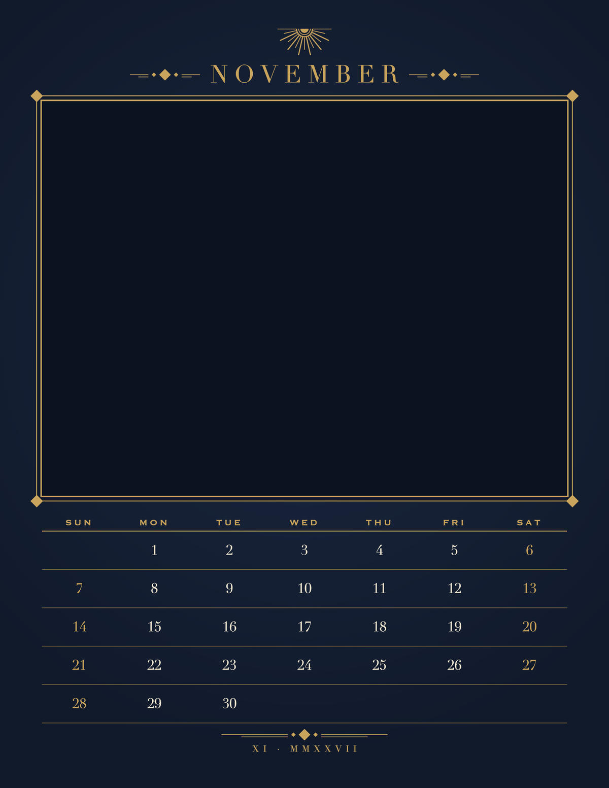 November page of the Personalized Pet Photo Calendar 2027: Midnight Art Deco, with a photo area above the date grid