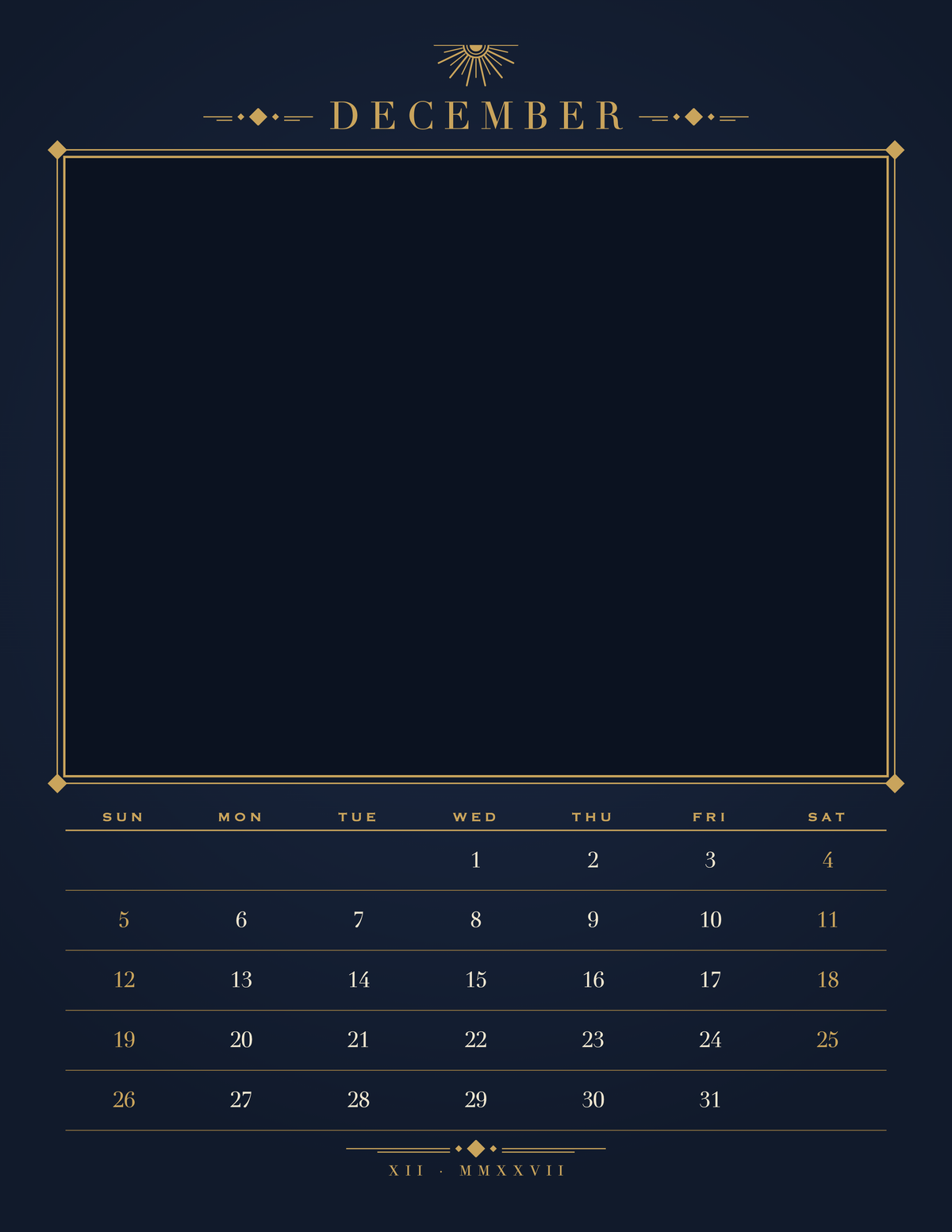 December page of the Personalized Pet Photo Calendar 2027: Midnight Art Deco, with a photo area above the date grid