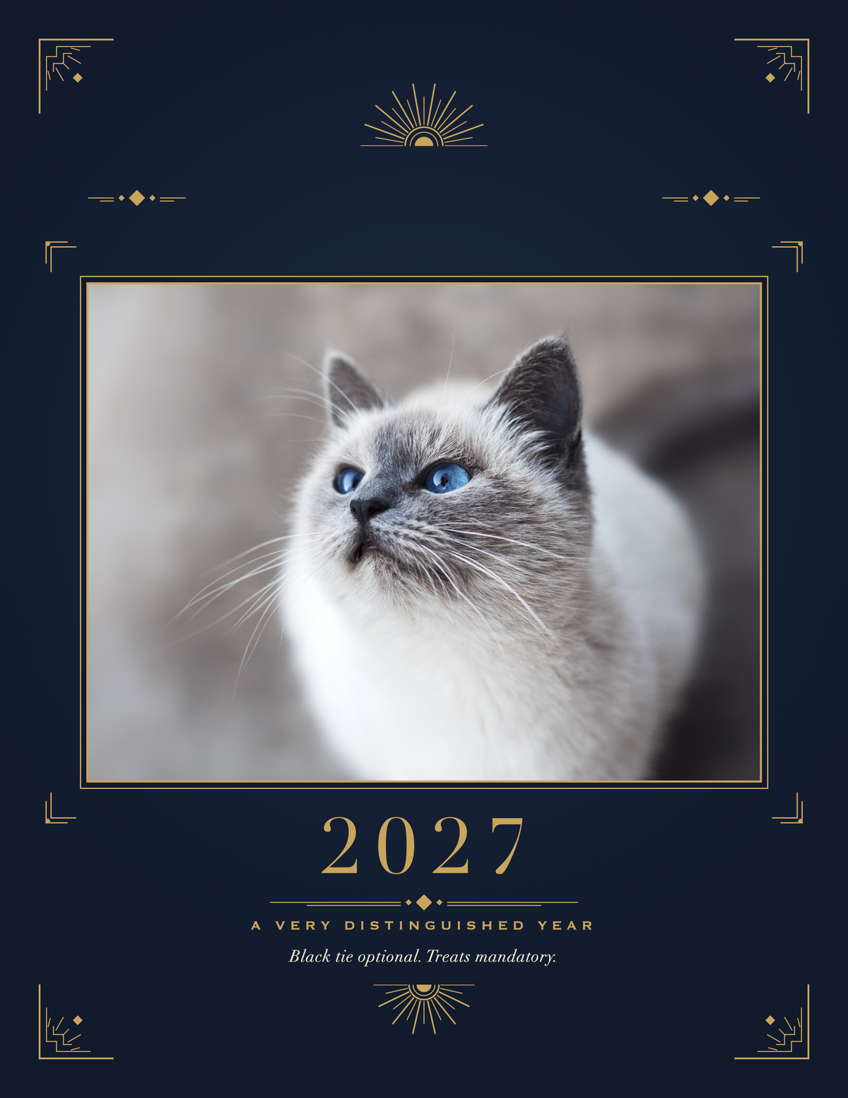 Personalized Pet Photo Calendar 2027: Midnight Art Deco, shown with a sample pet photo on the cover