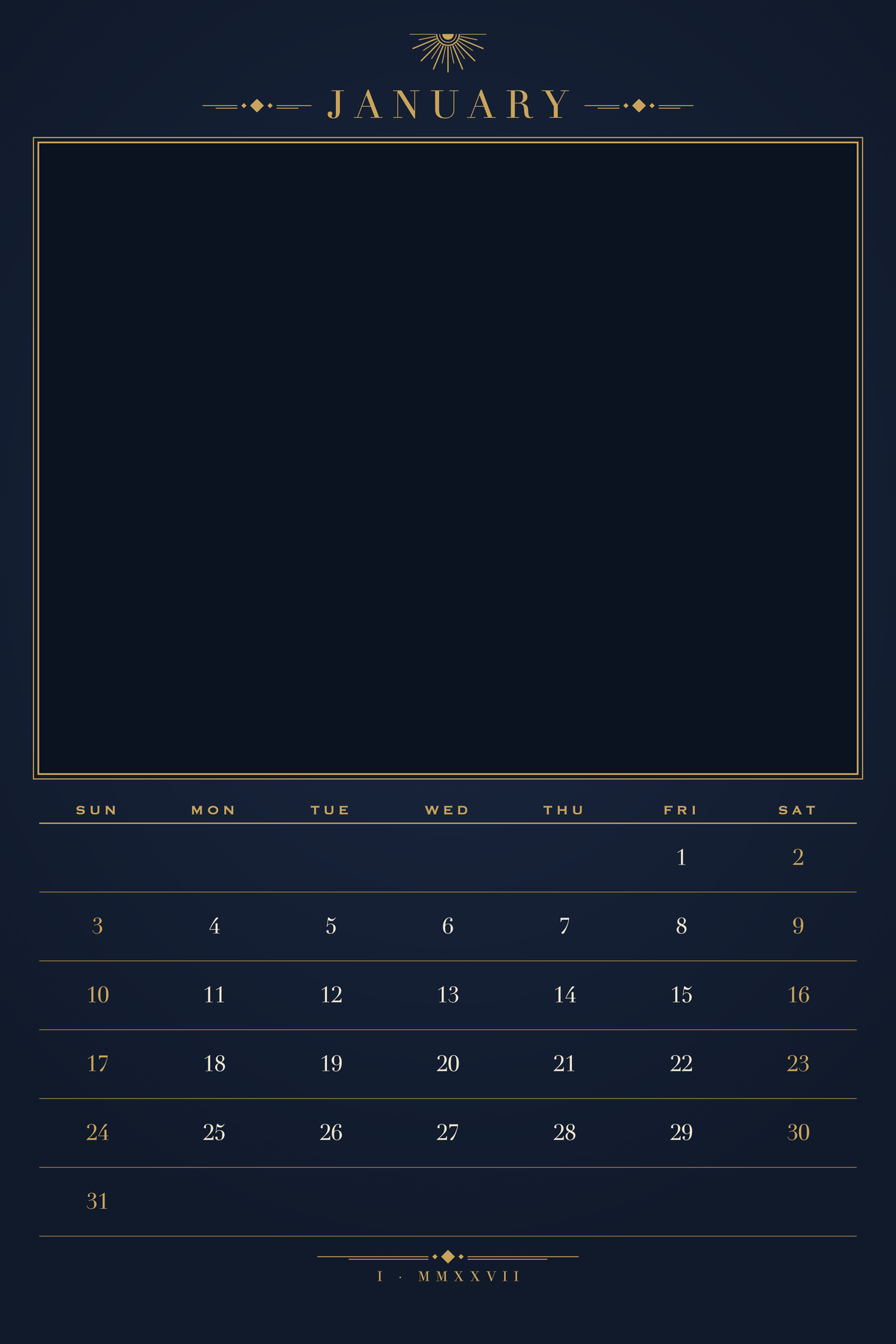 January page of the Personalized Pet Photo Calendar 2027: XL Midnight Art Deco, with a photo area above the date grid