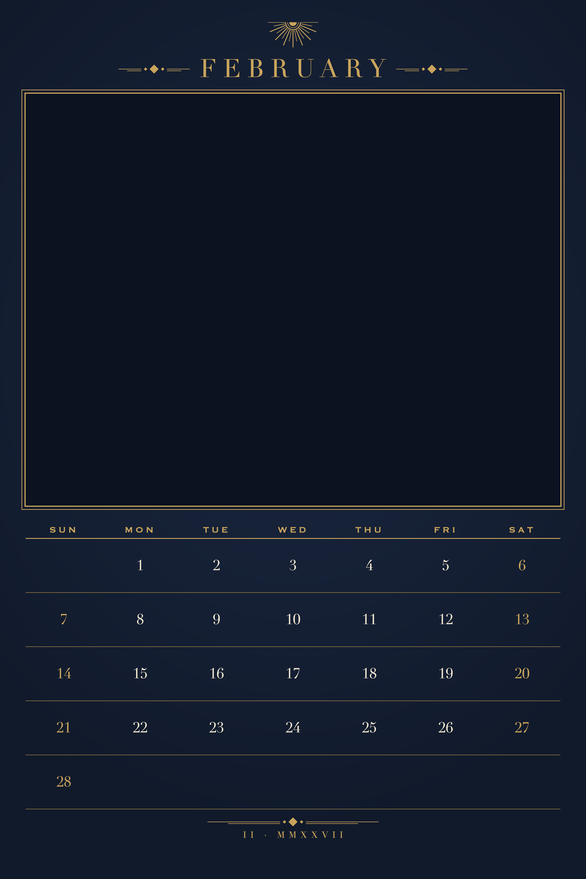 February page of the Personalized Pet Photo Calendar 2027: XL Midnight Art Deco, with a photo area above the date grid