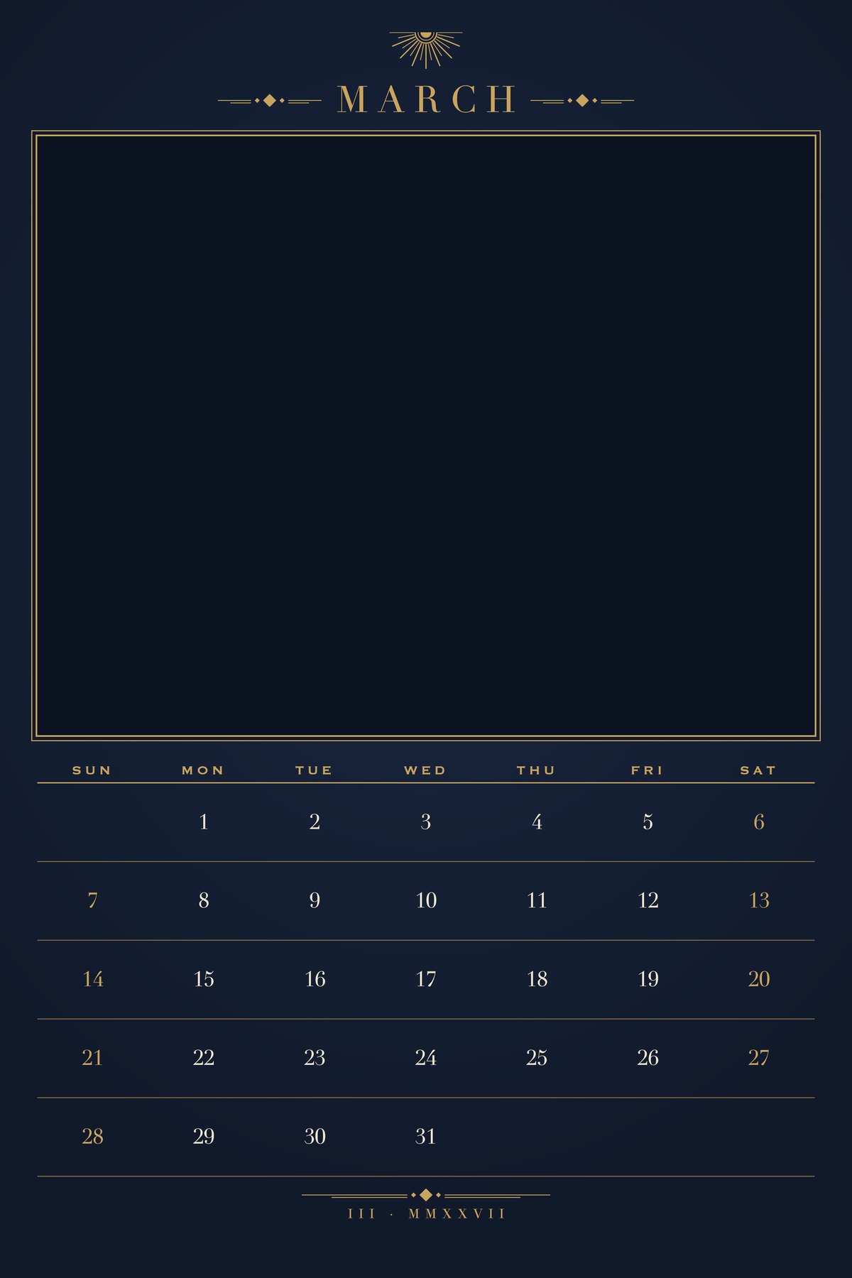 March page of the Personalized Pet Photo Calendar 2027: XL Midnight Art Deco, with a photo area above the date grid