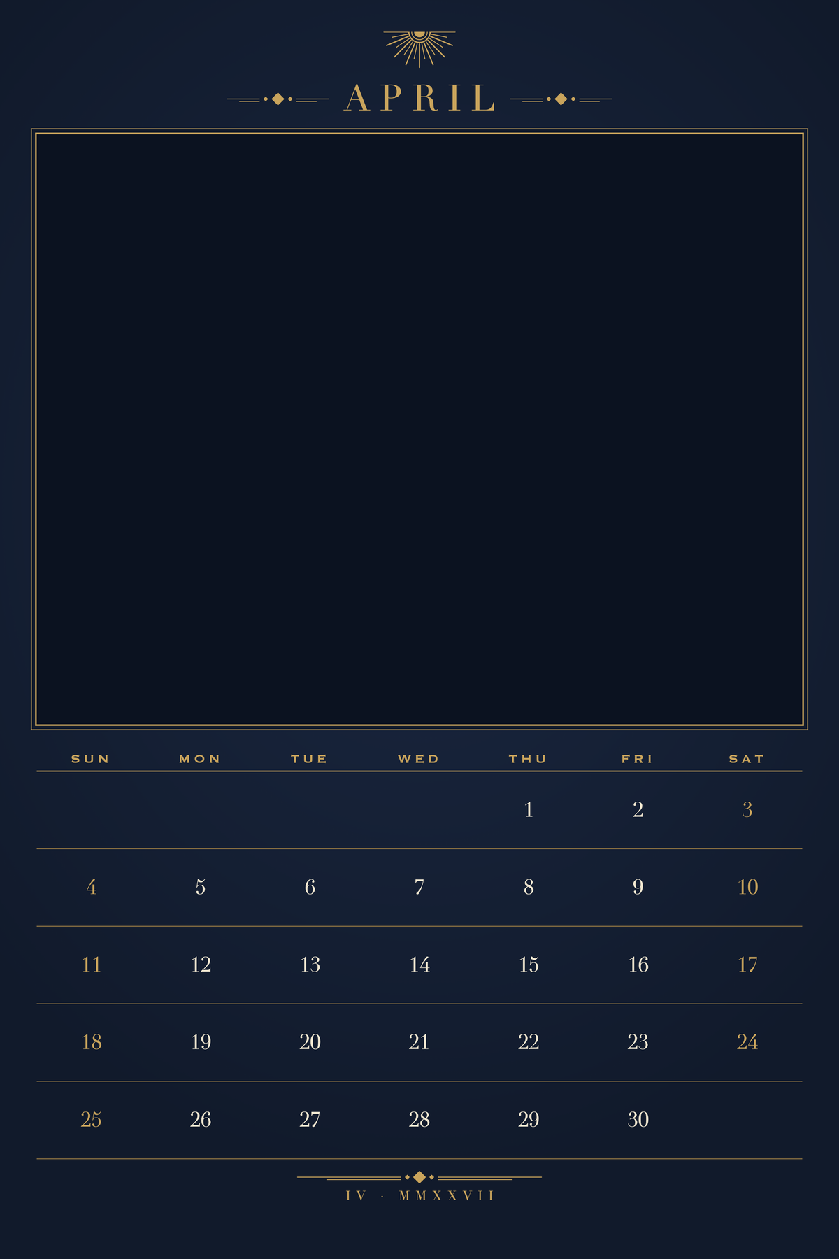 April page of the Personalized Pet Photo Calendar 2027: XL Midnight Art Deco, with a photo area above the date grid