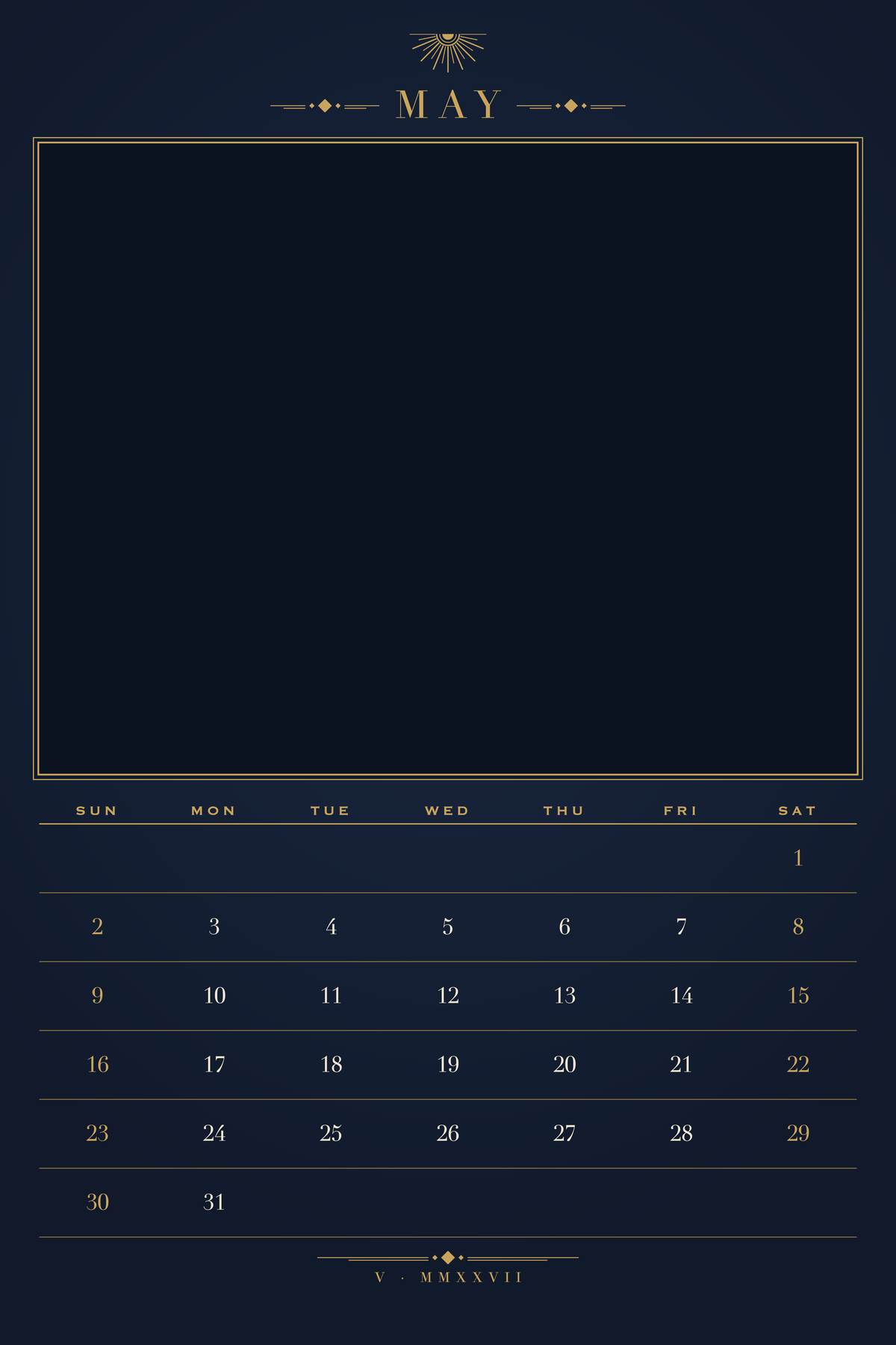 May page of the Personalized Pet Photo Calendar 2027: XL Midnight Art Deco, with a photo area above the date grid