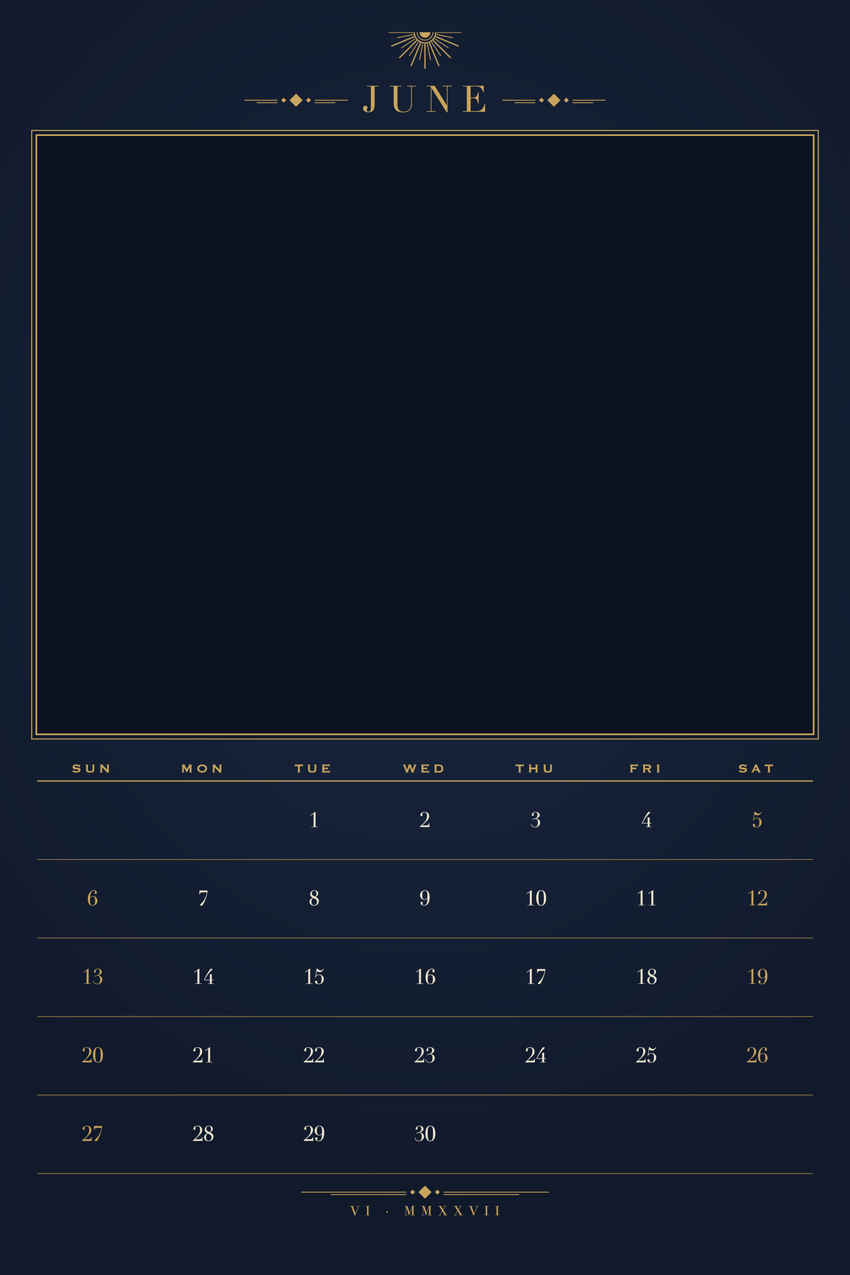 June page of the Personalized Pet Photo Calendar 2027: XL Midnight Art Deco, with a photo area above the date grid