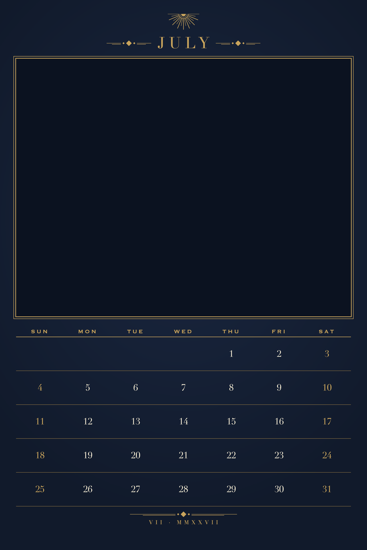 July page of the Personalized Pet Photo Calendar 2027: XL Midnight Art Deco, with a photo area above the date grid