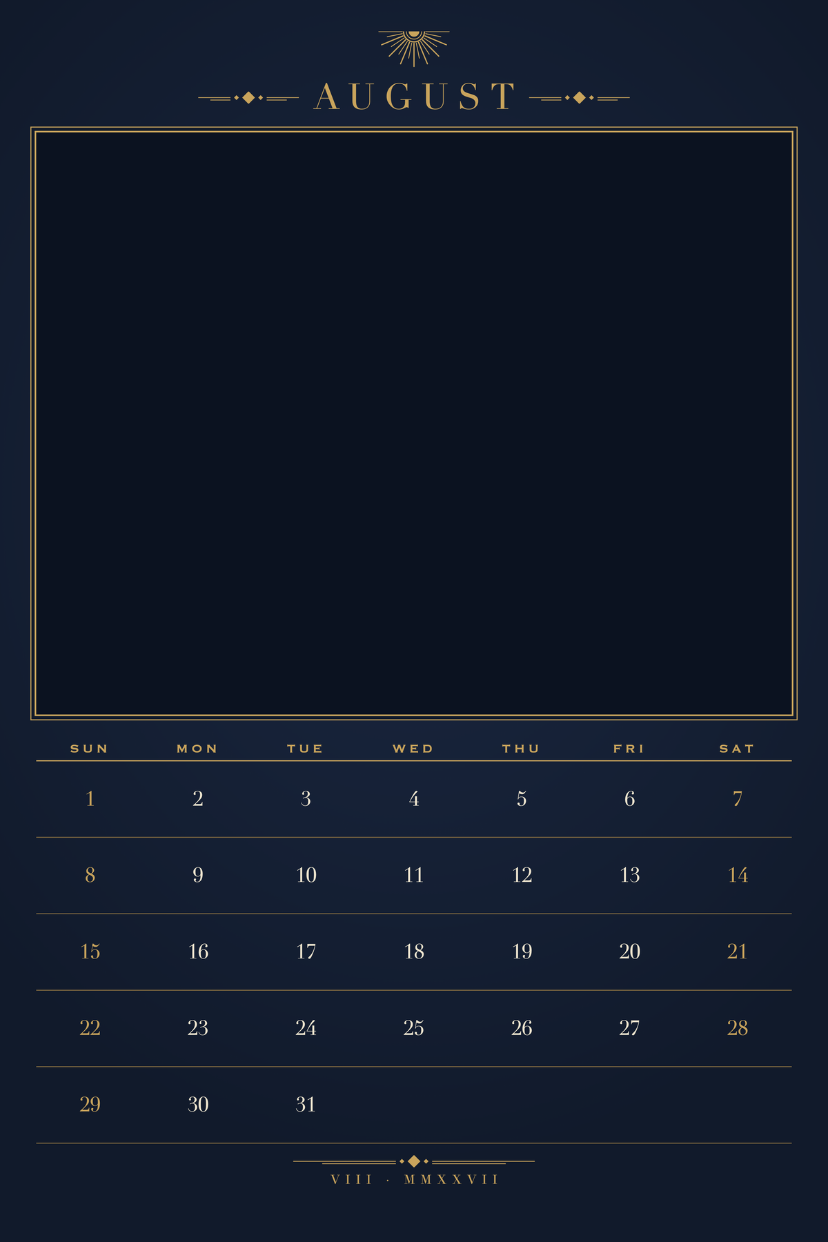 August page of the Personalized Pet Photo Calendar 2027: XL Midnight Art Deco, with a photo area above the date grid