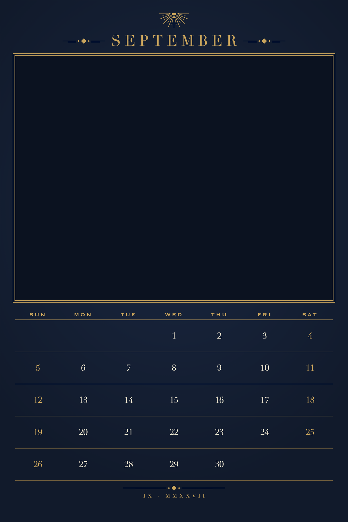September page of the Personalized Pet Photo Calendar 2027: XL Midnight Art Deco, with a photo area above the date grid