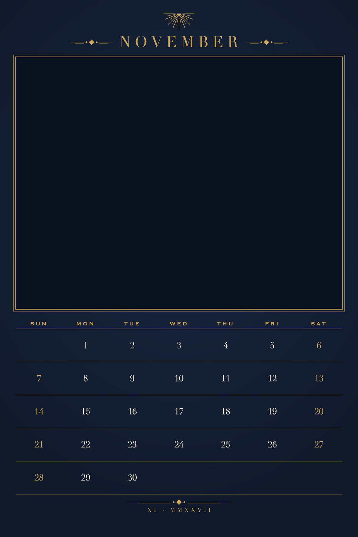 November page of the Personalized Pet Photo Calendar 2027: XL Midnight Art Deco, with a photo area above the date grid