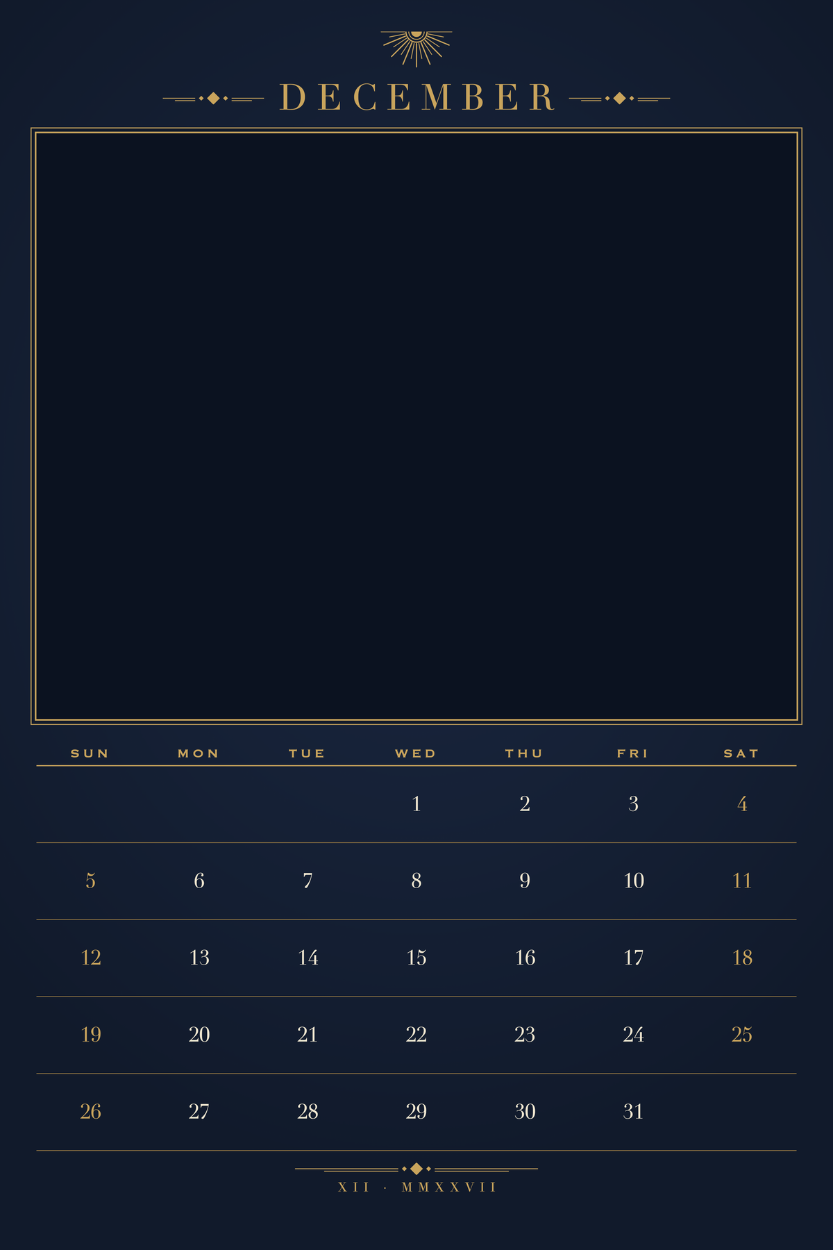 December page of the Personalized Pet Photo Calendar 2027: XL Midnight Art Deco, with a photo area above the date grid