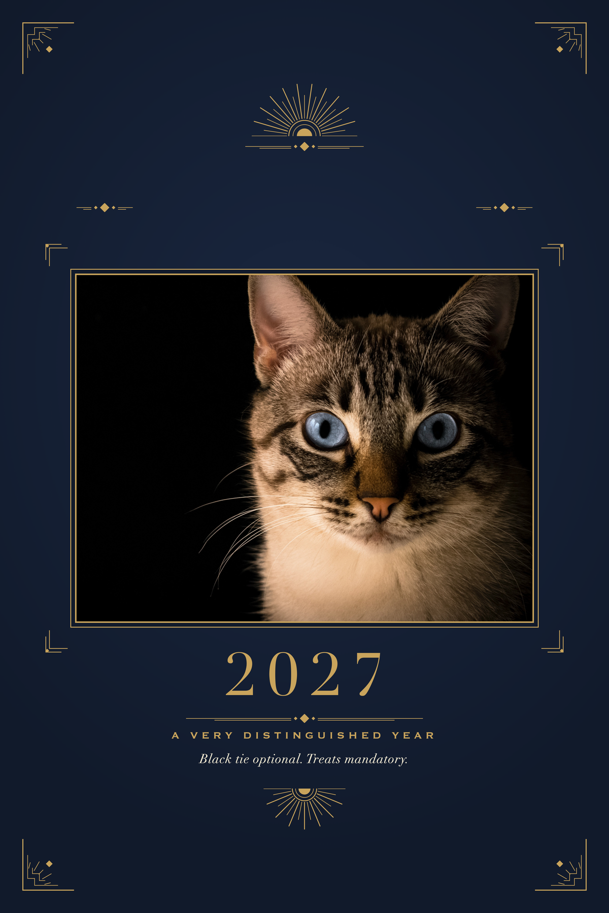 Personalized Pet Photo Calendar 2027: XL Midnight Art Deco, shown with a sample pet photo on the cover