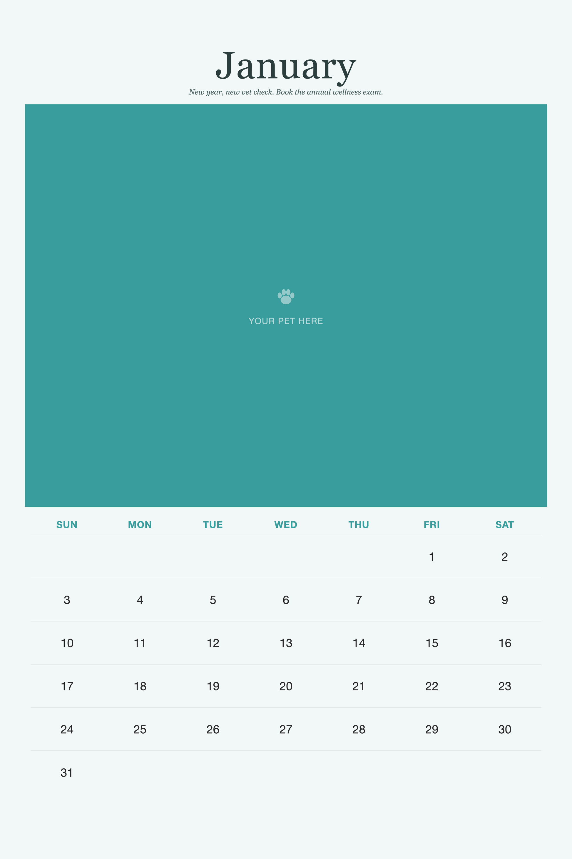 January page of the Pet Care & Keepsake Calendar 2027 — Loved & Looked After, with a photo area above the date grid
