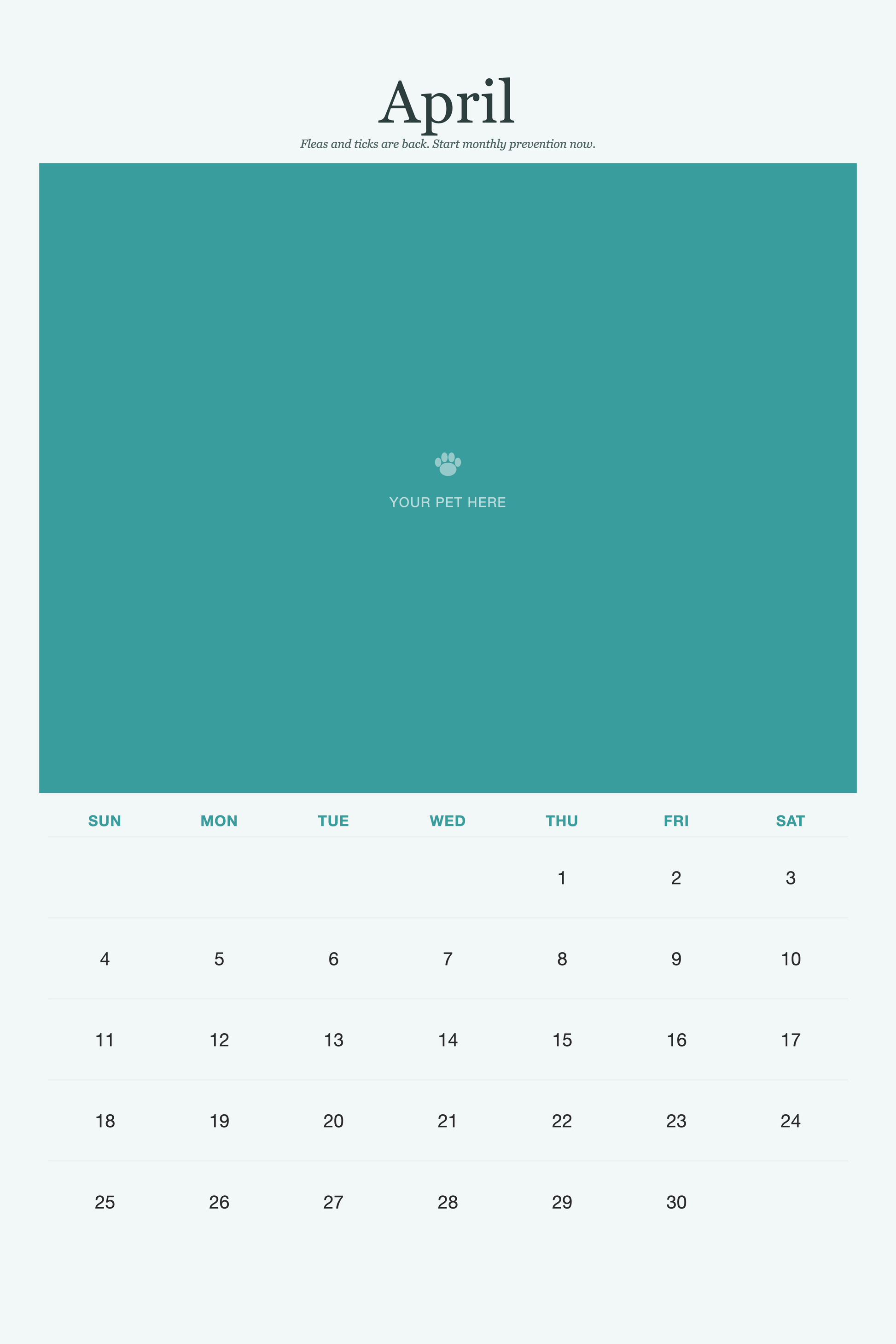April page of the Pet Care & Keepsake Calendar 2027 — Loved & Looked After, with a photo area above the date grid