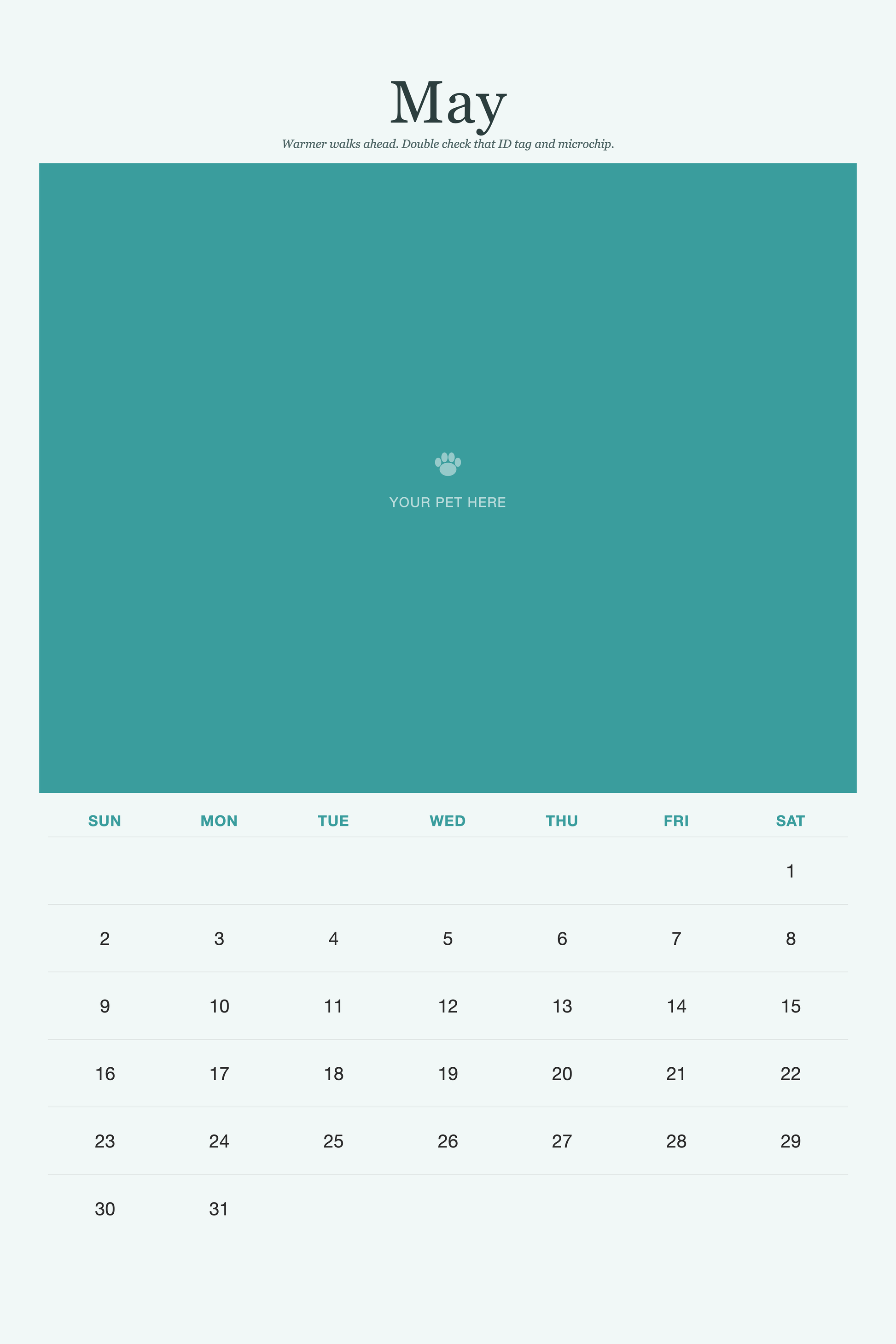 May page of the Pet Care & Keepsake Calendar 2027 — Loved & Looked After, with a photo area above the date grid
