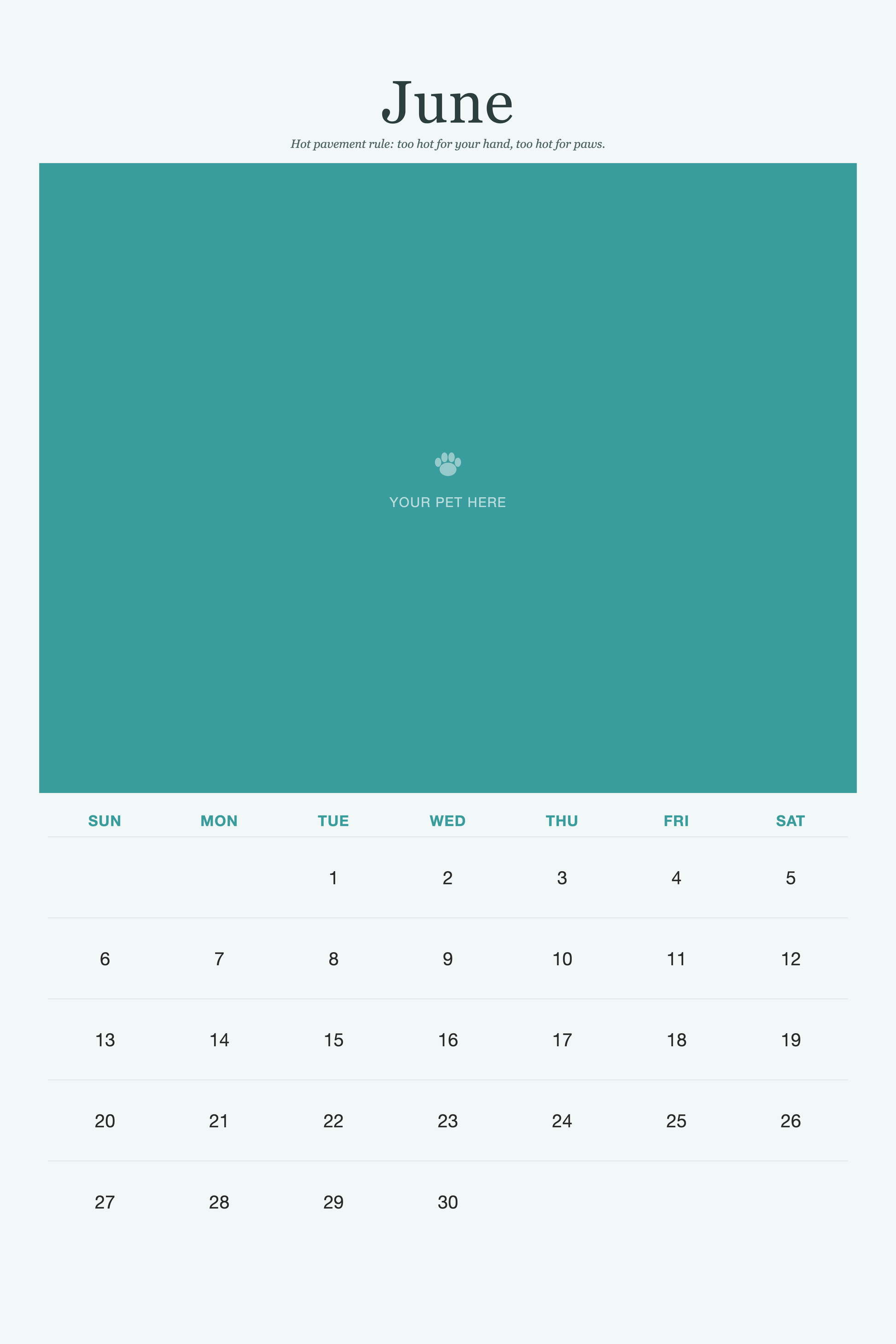June page of the Pet Care & Keepsake Calendar 2027 — Loved & Looked After, with a photo area above the date grid