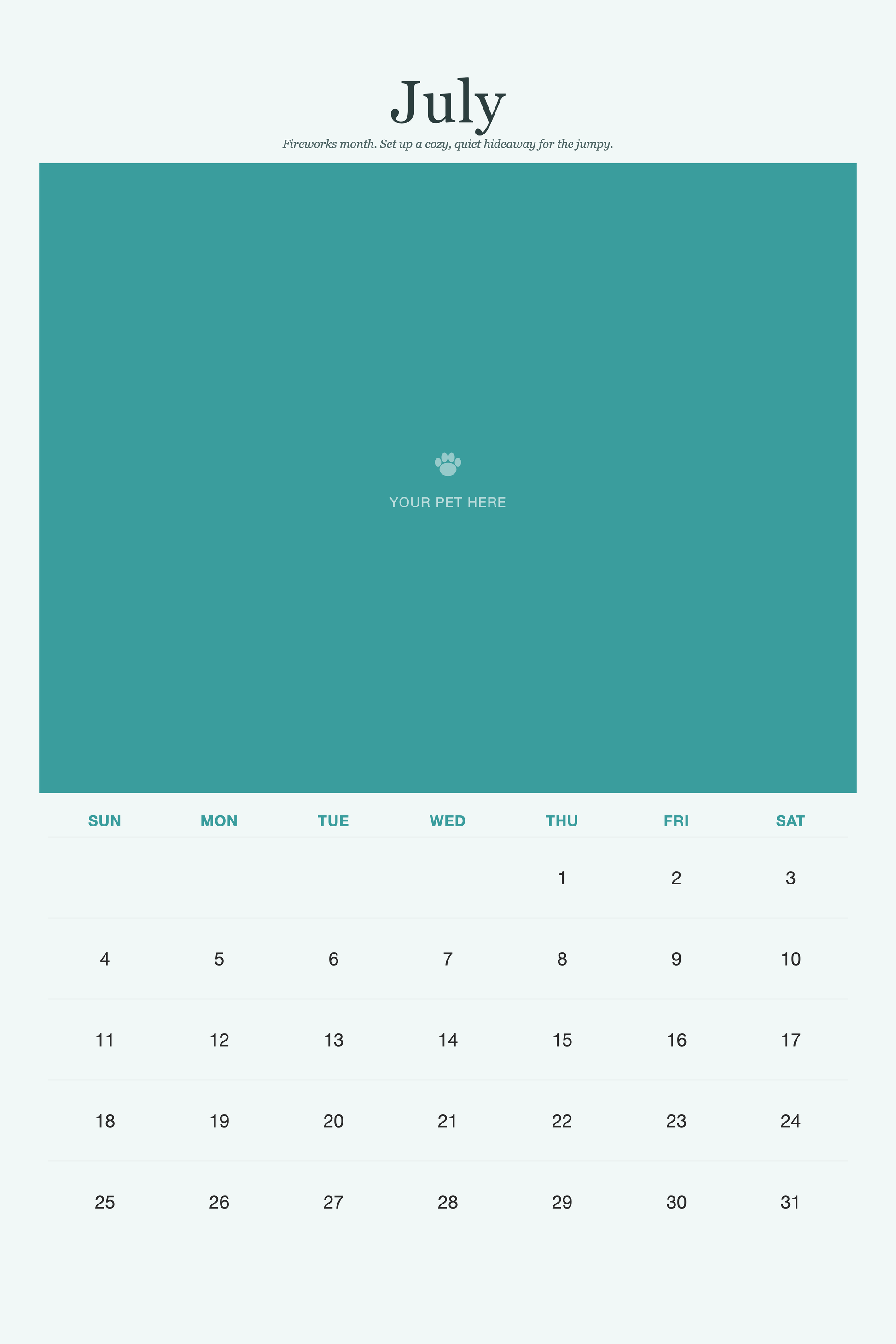 July page of the Pet Care & Keepsake Calendar 2027 — Loved & Looked After, with a photo area above the date grid