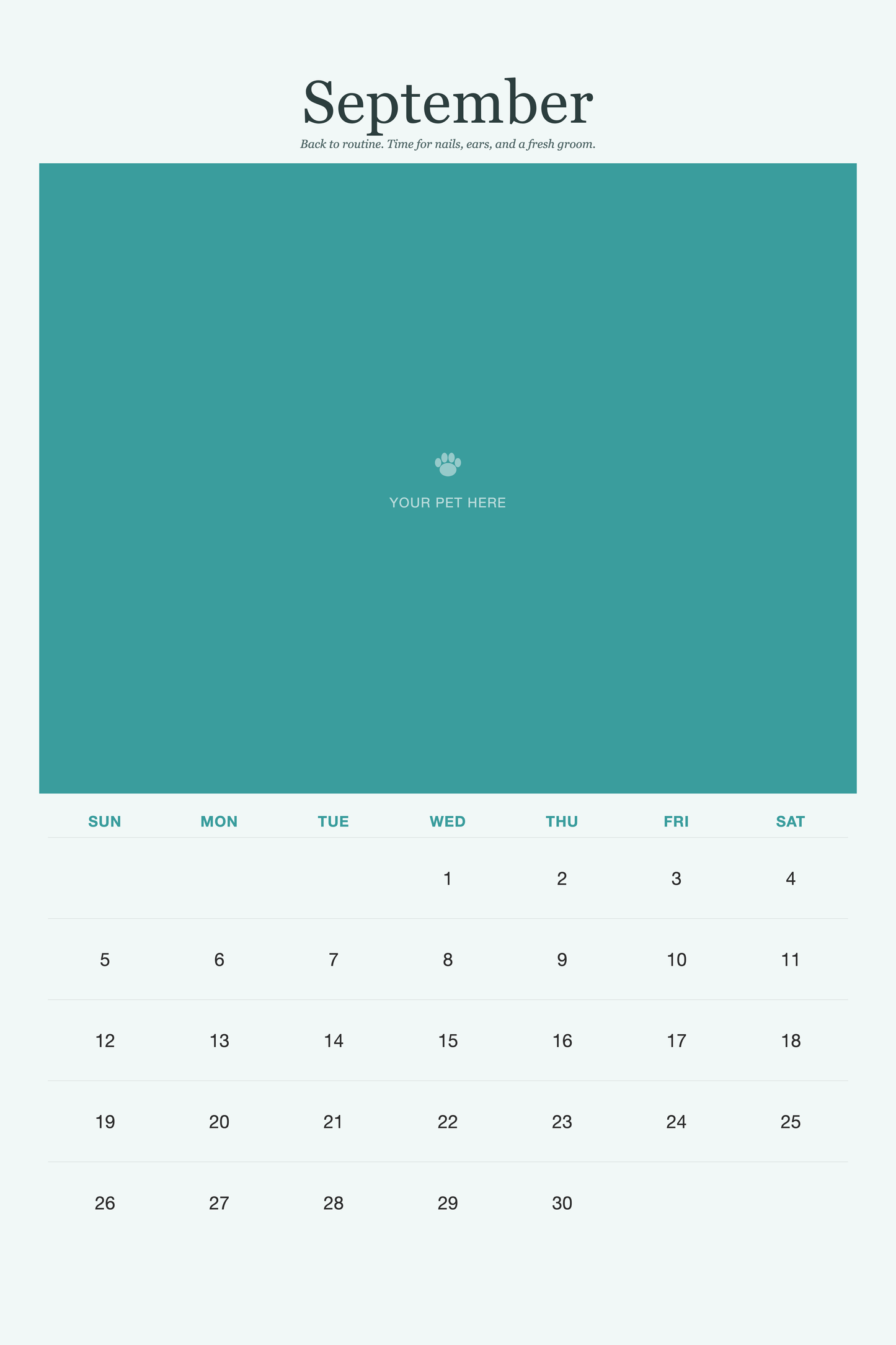 September page of the Pet Care & Keepsake Calendar 2027 — Loved & Looked After, with a photo area above the date grid