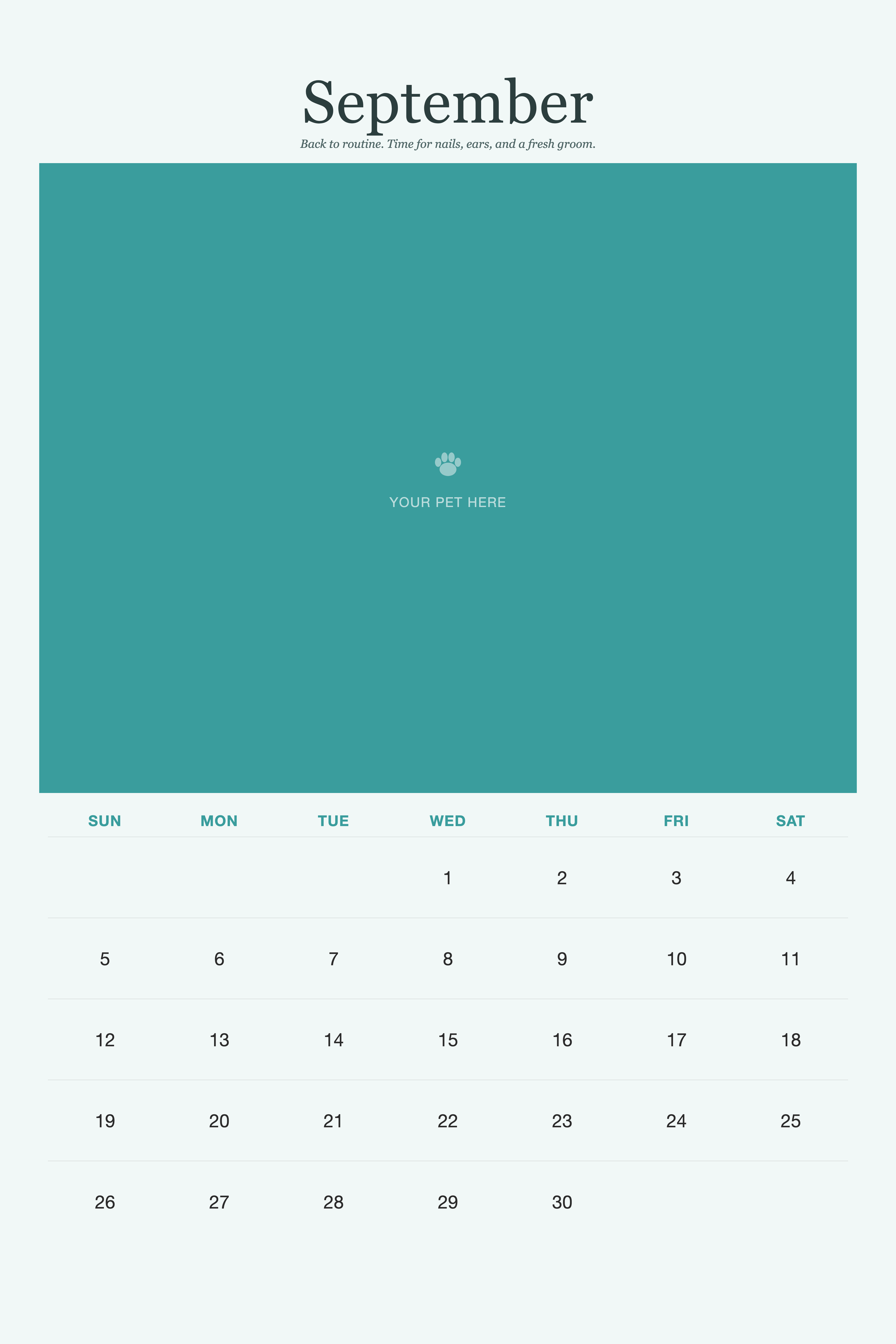 September page of the Pet Care & Keepsake Calendar 2027 — Loved & Looked After, with a photo area above the date grid