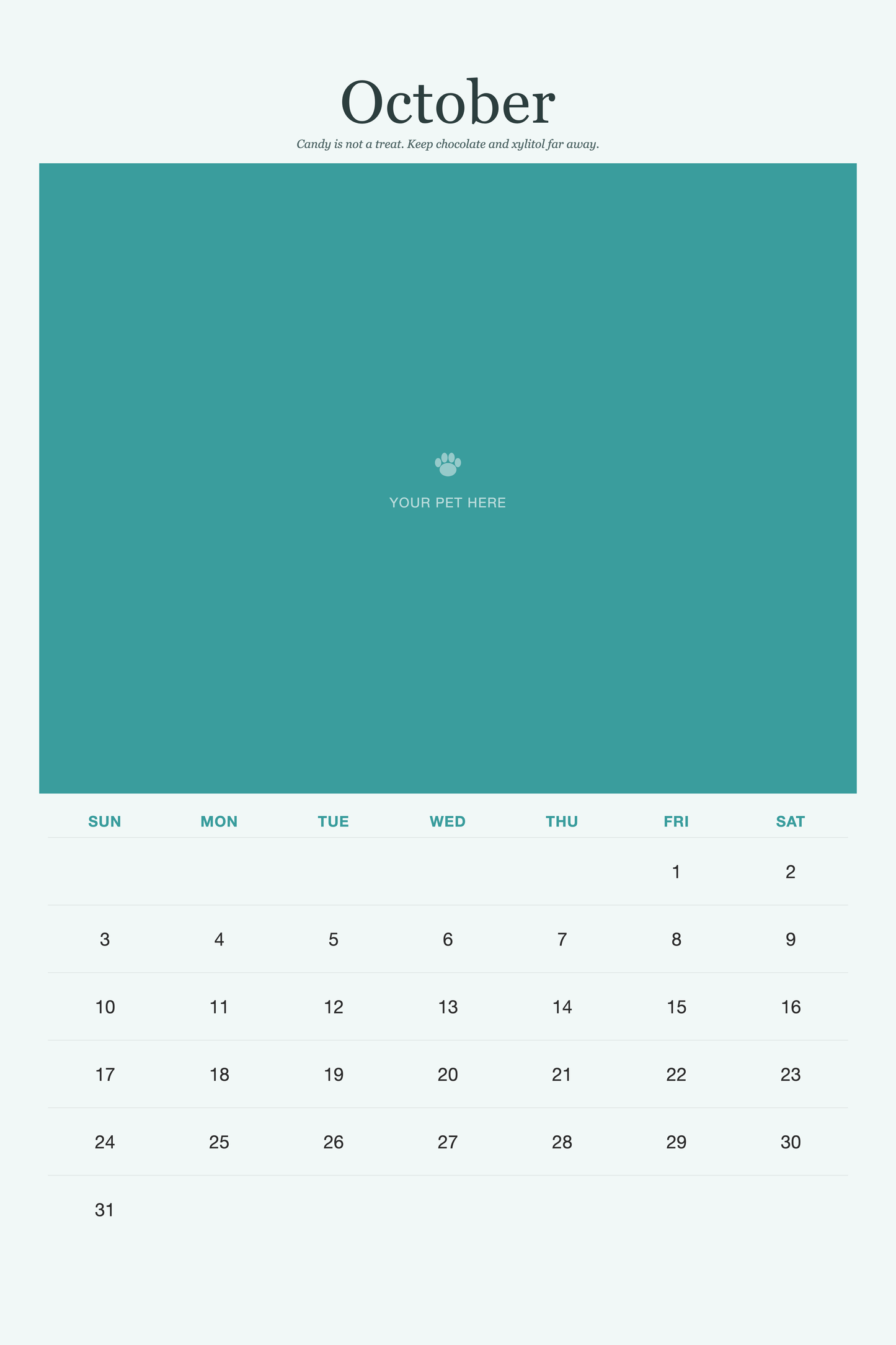 October page of the Pet Care & Keepsake Calendar 2027 — Loved & Looked After, with a photo area above the date grid