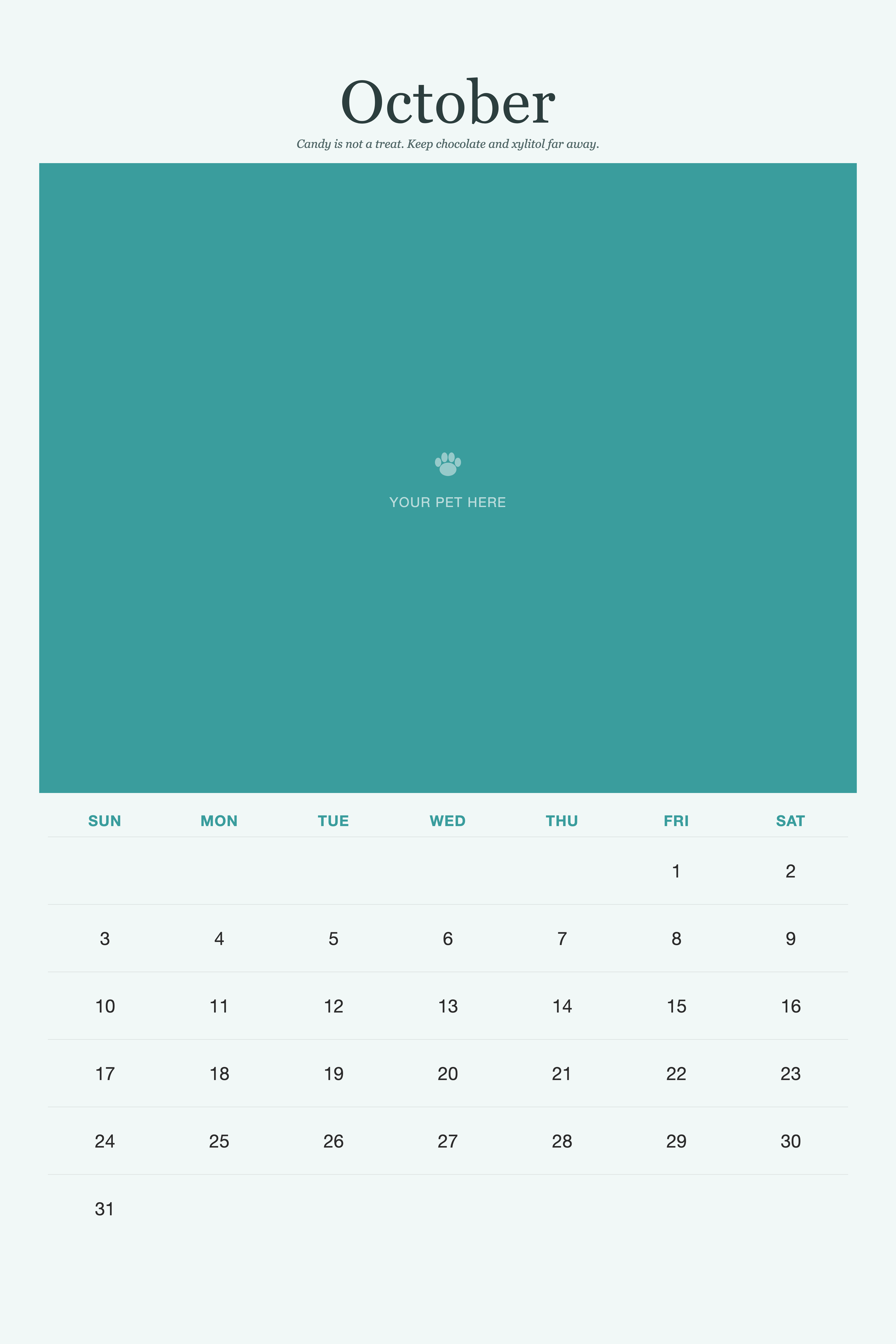 October page of the Pet Care & Keepsake Calendar 2027 — Loved & Looked After, with a photo area above the date grid