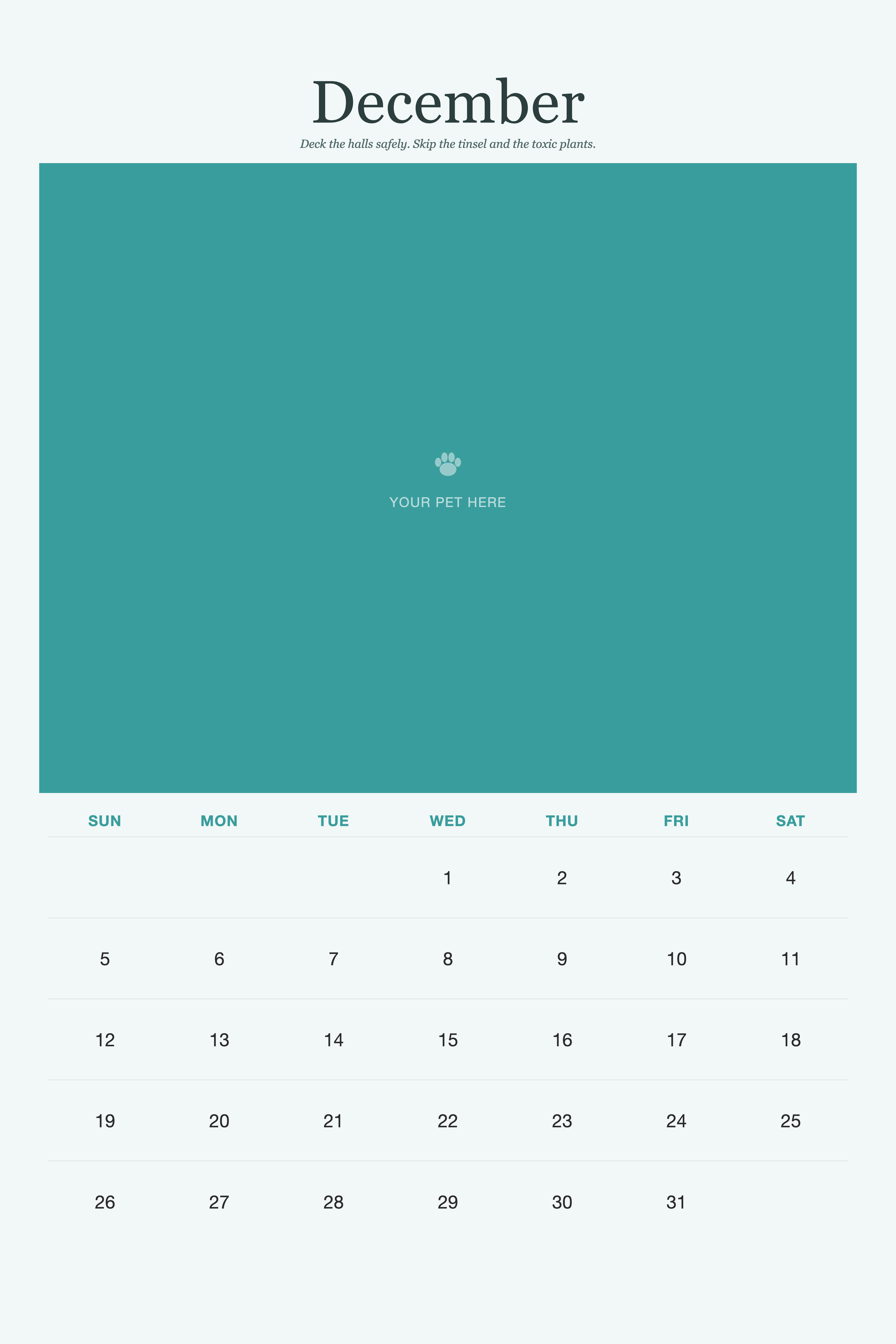 December page of the Pet Care & Keepsake Calendar 2027 — Loved & Looked After, with a photo area above the date grid
