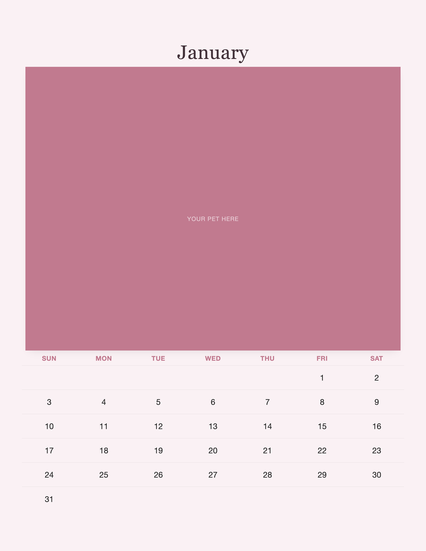 January page of the Pet Mom Calendar 2027 — Best Pet Mom Ever, with a photo area above the date grid