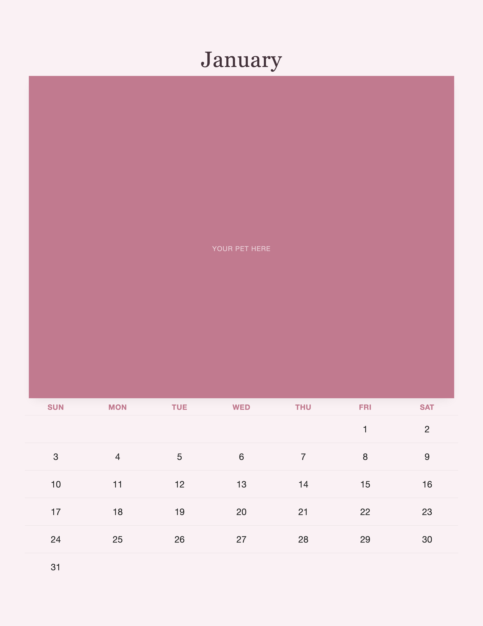 January page of the Pet Mom Calendar 2027 — Best Pet Mom Ever, with a photo area above the date grid