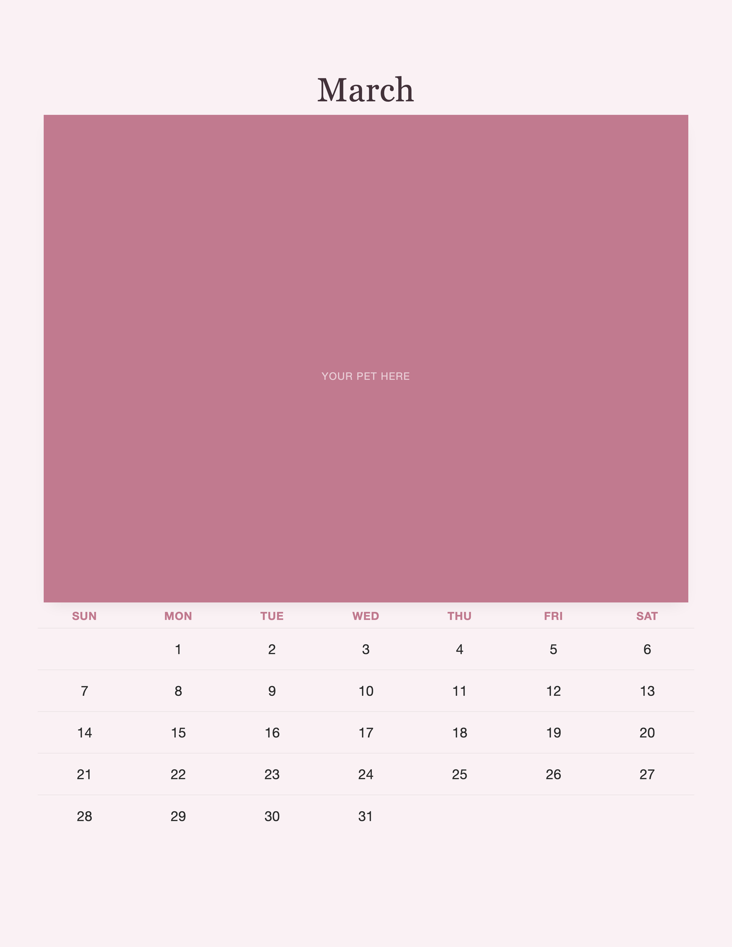 March page of the Pet Mom Calendar 2027 — Best Pet Mom Ever, with a photo area above the date grid