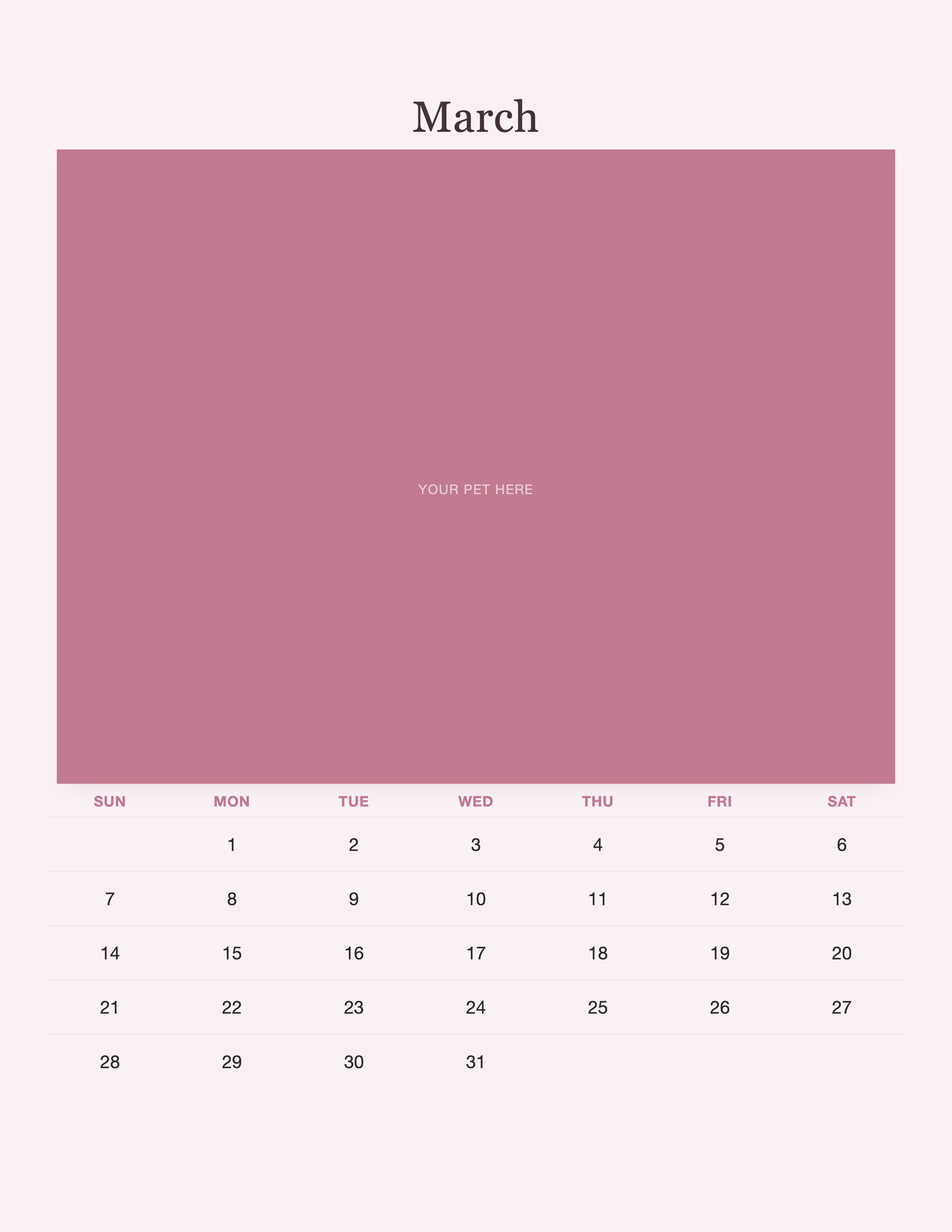 March page of the Pet Mom Calendar 2027 — Best Pet Mom Ever, with a photo area above the date grid