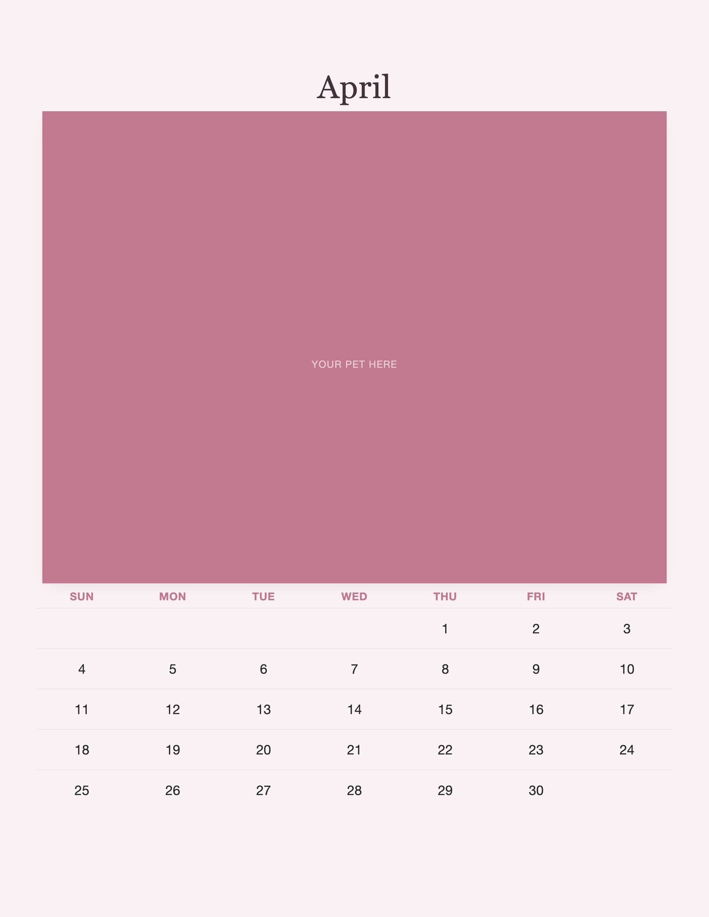 April page of the Pet Mom Calendar 2027 — Best Pet Mom Ever, with a photo area above the date grid