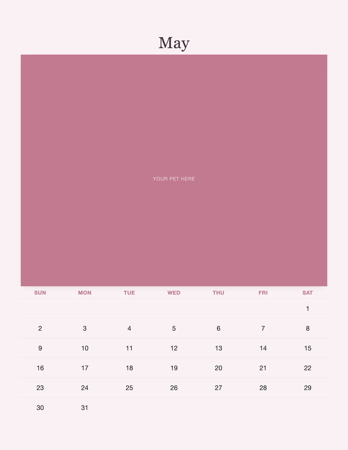 May page of the Pet Mom Calendar 2027 — Best Pet Mom Ever, with a photo area above the date grid
