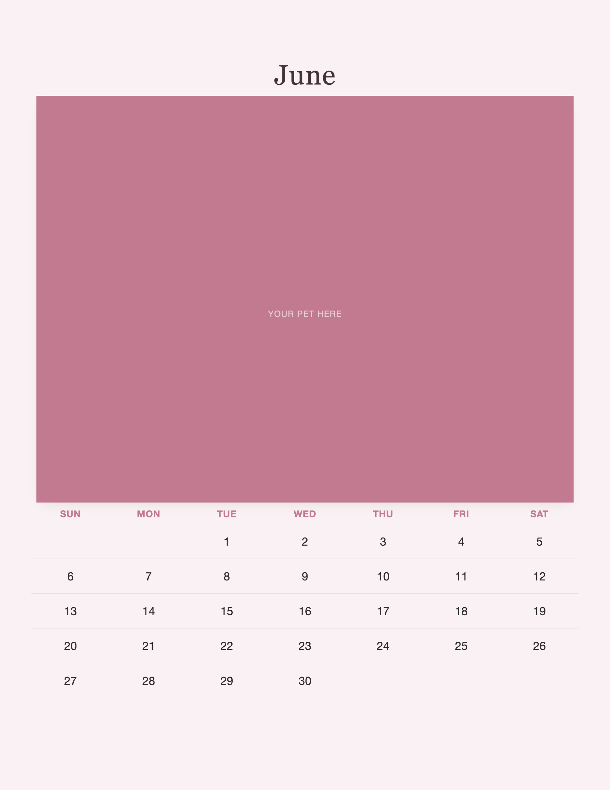 June page of the Pet Mom Calendar 2027 — Best Pet Mom Ever, with a photo area above the date grid