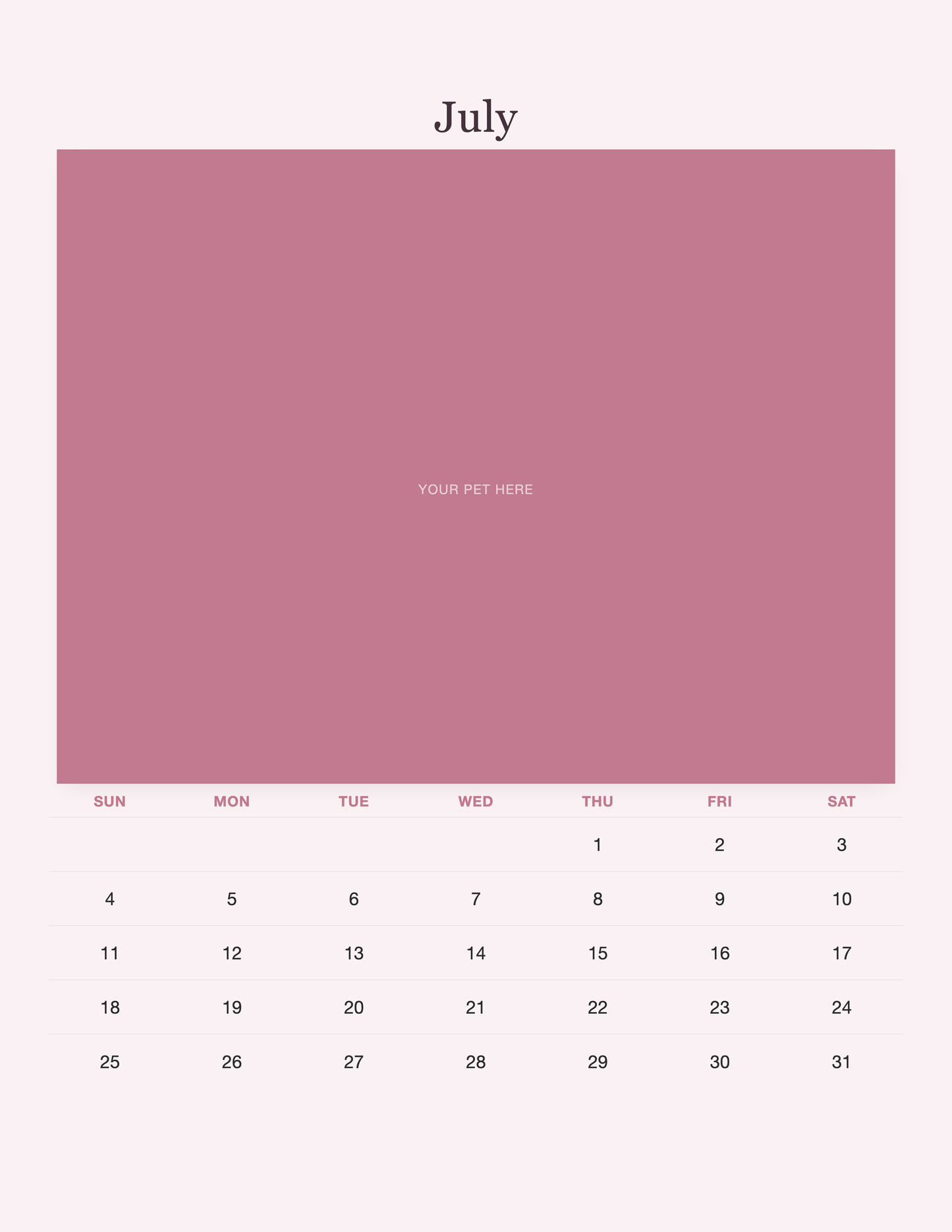 July page of the Pet Mom Calendar 2027 — Best Pet Mom Ever, with a photo area above the date grid