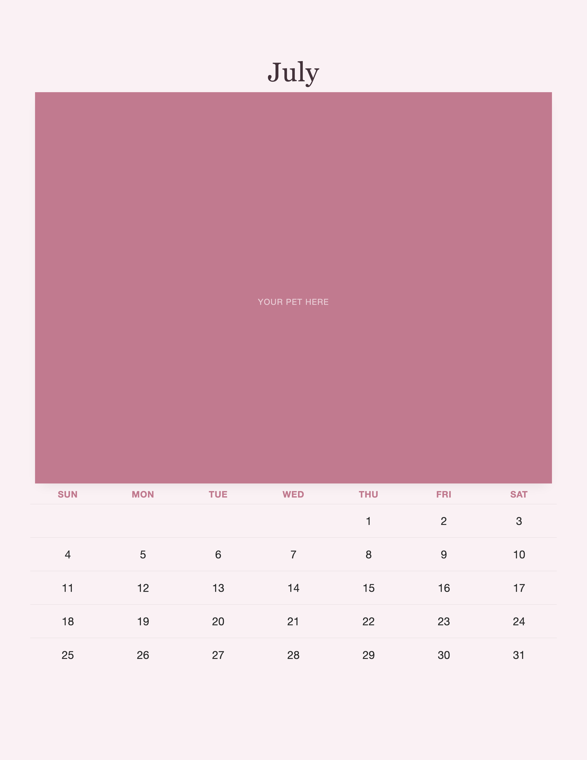 July page of the Pet Mom Calendar 2027 — Best Pet Mom Ever, with a photo area above the date grid