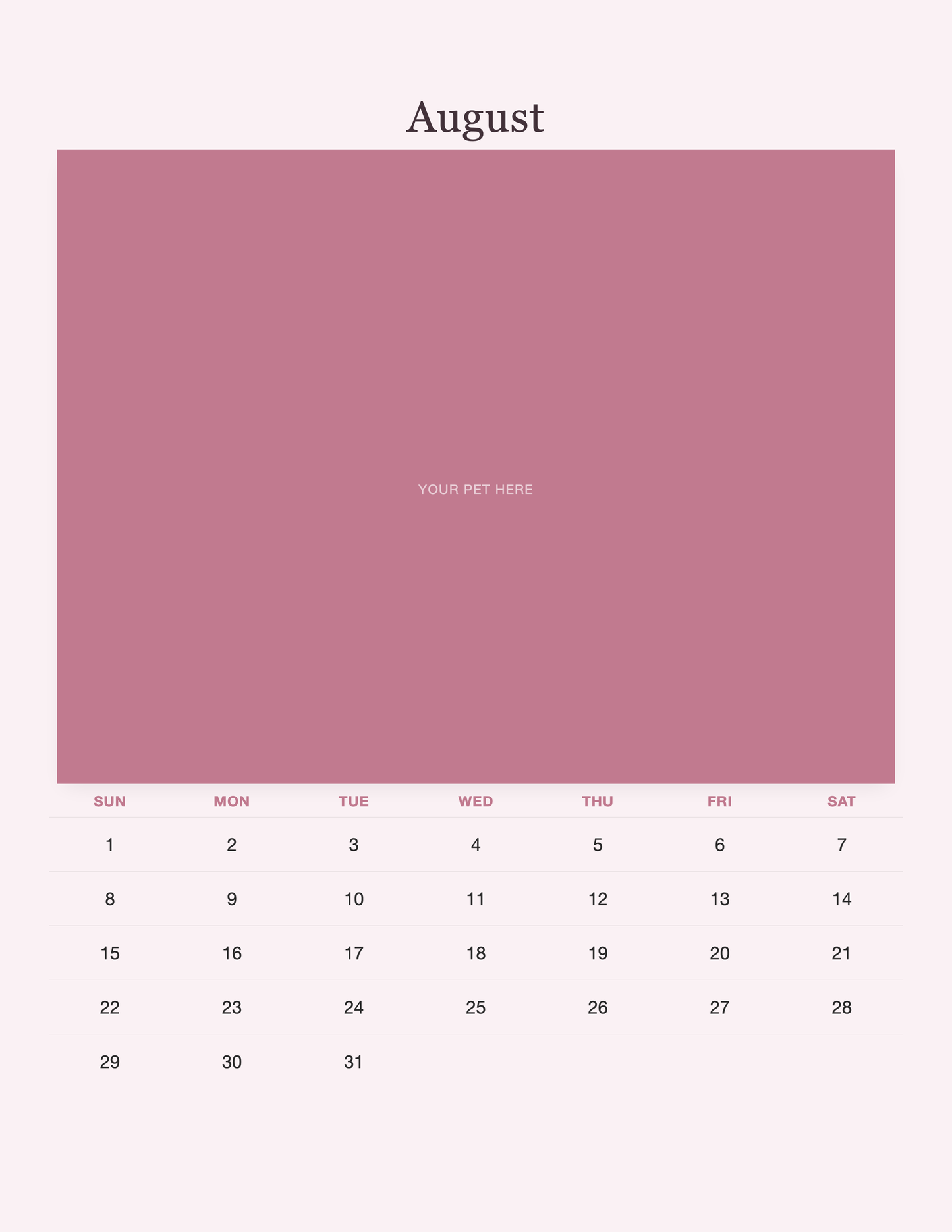 August page of the Pet Mom Calendar 2027 — Best Pet Mom Ever, with a photo area above the date grid